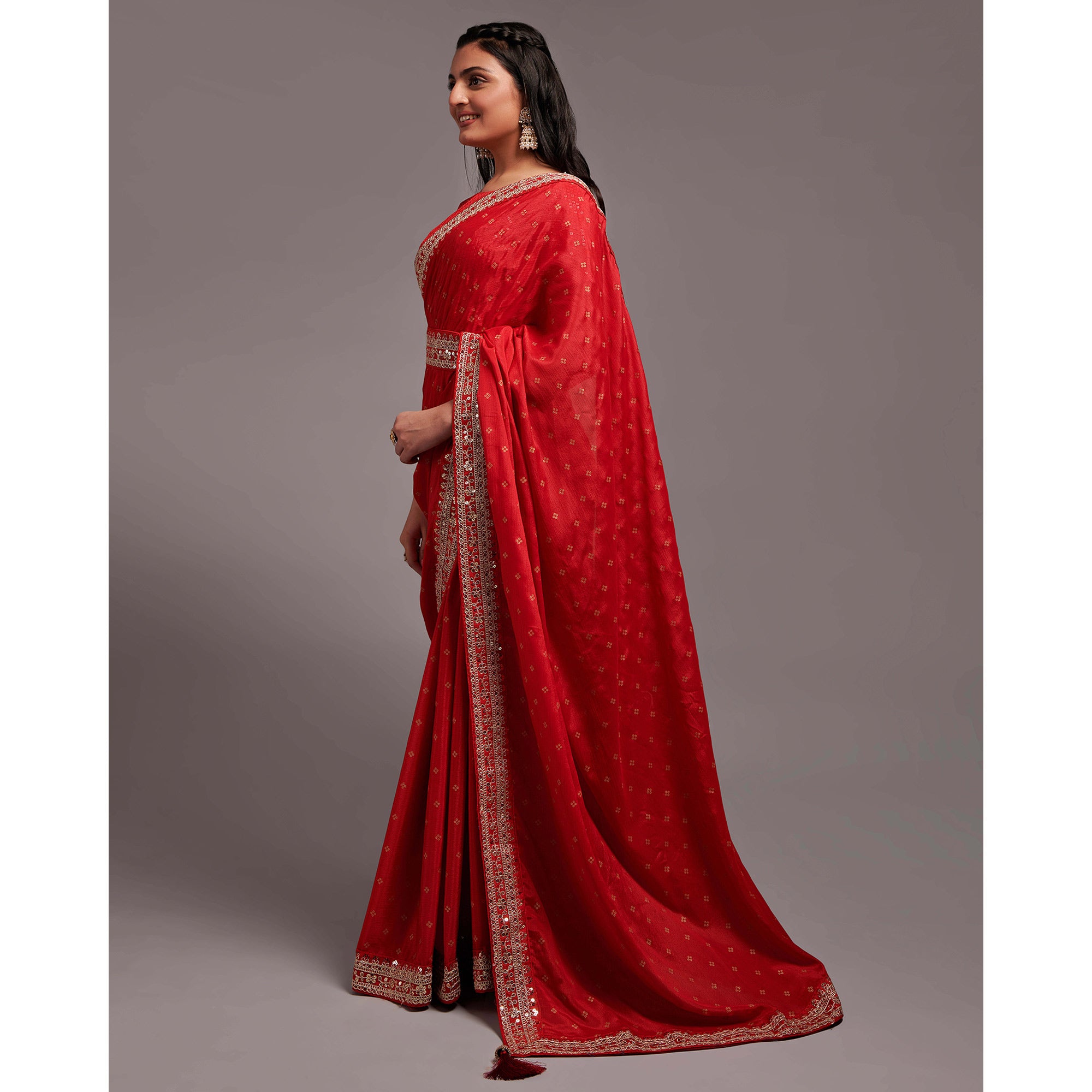 Red Sequins Embroidered Border Chinon Saree