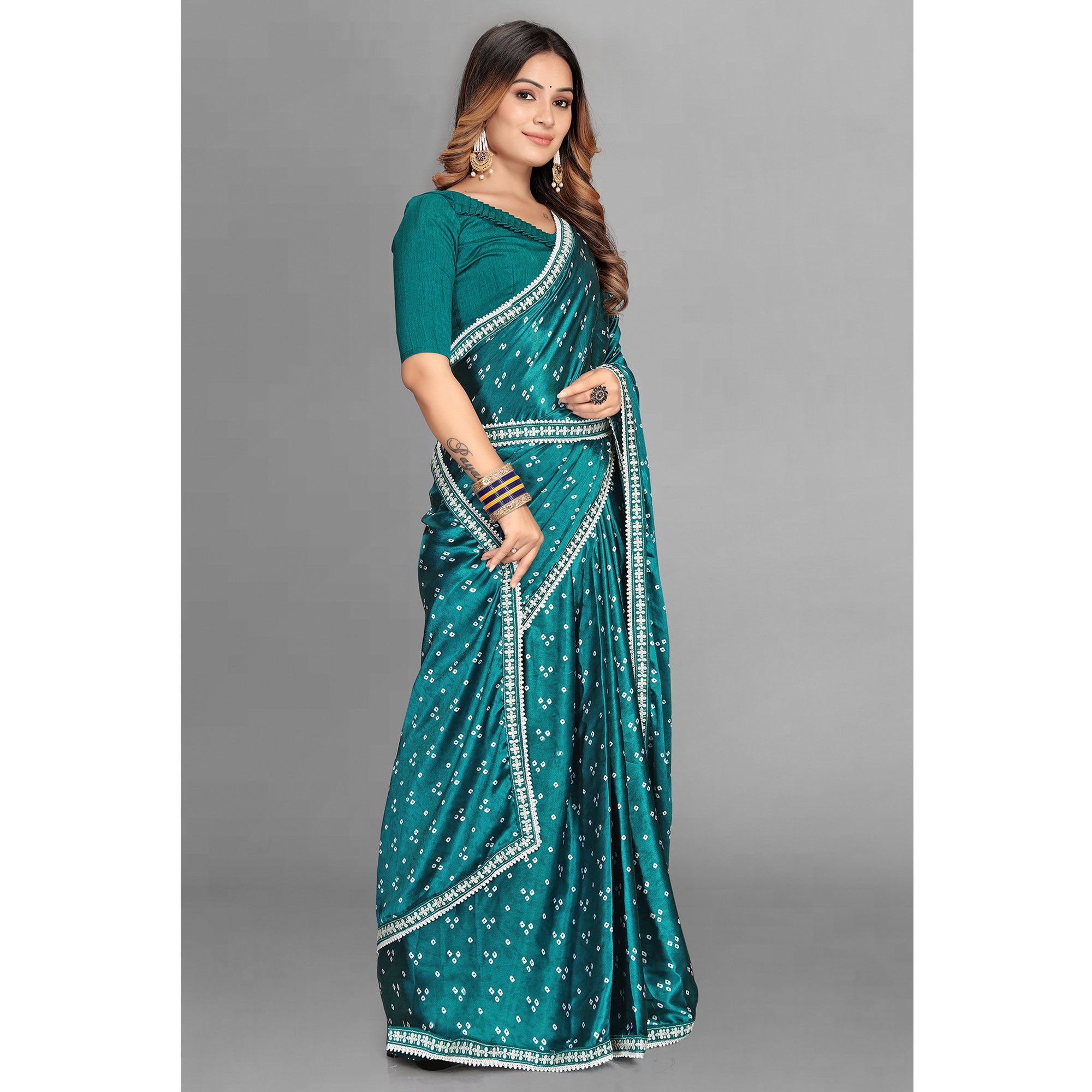 Rama Blue Bandhani Printed Satin Saree