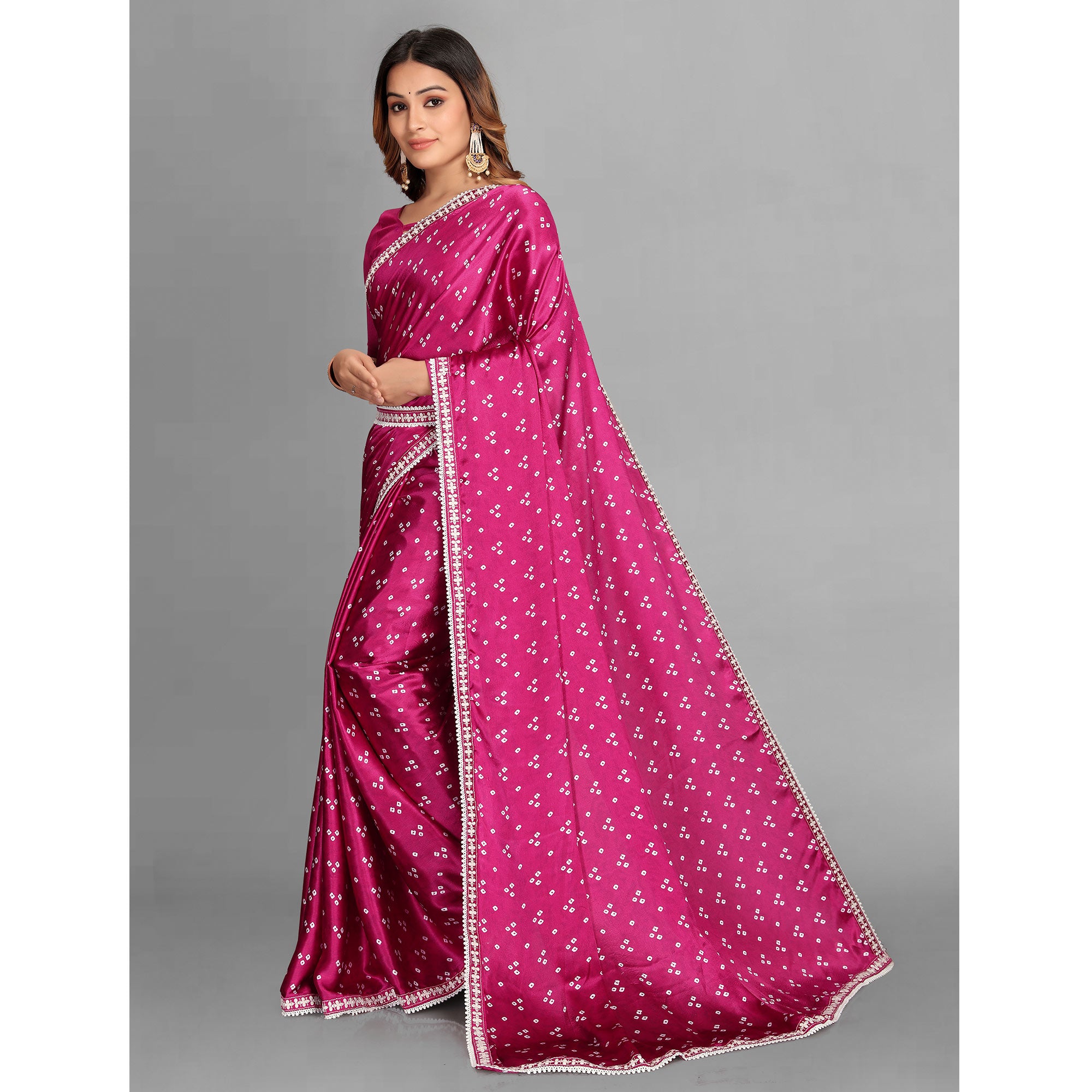 Pink Bandhani Printed Satin Saree