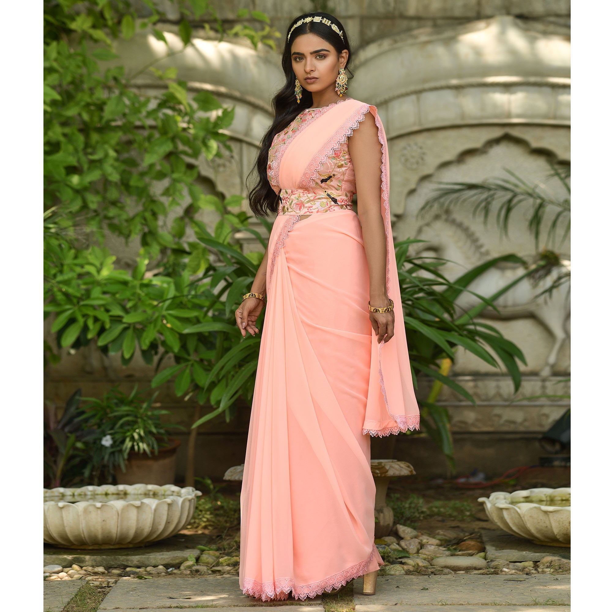 Peach Solid Georgette Saree With Embroidered Blouse Piece