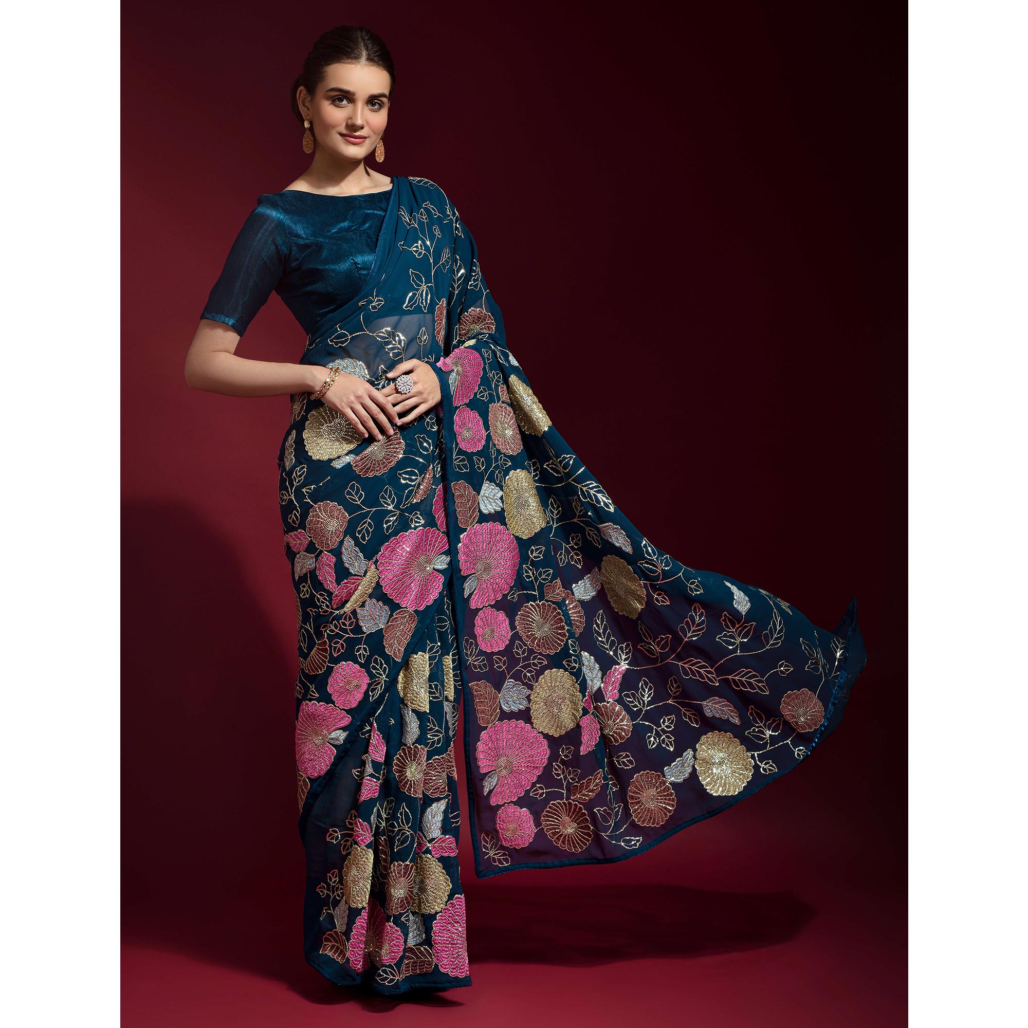Blue Floral Sequins Embroidered Georgette Saree