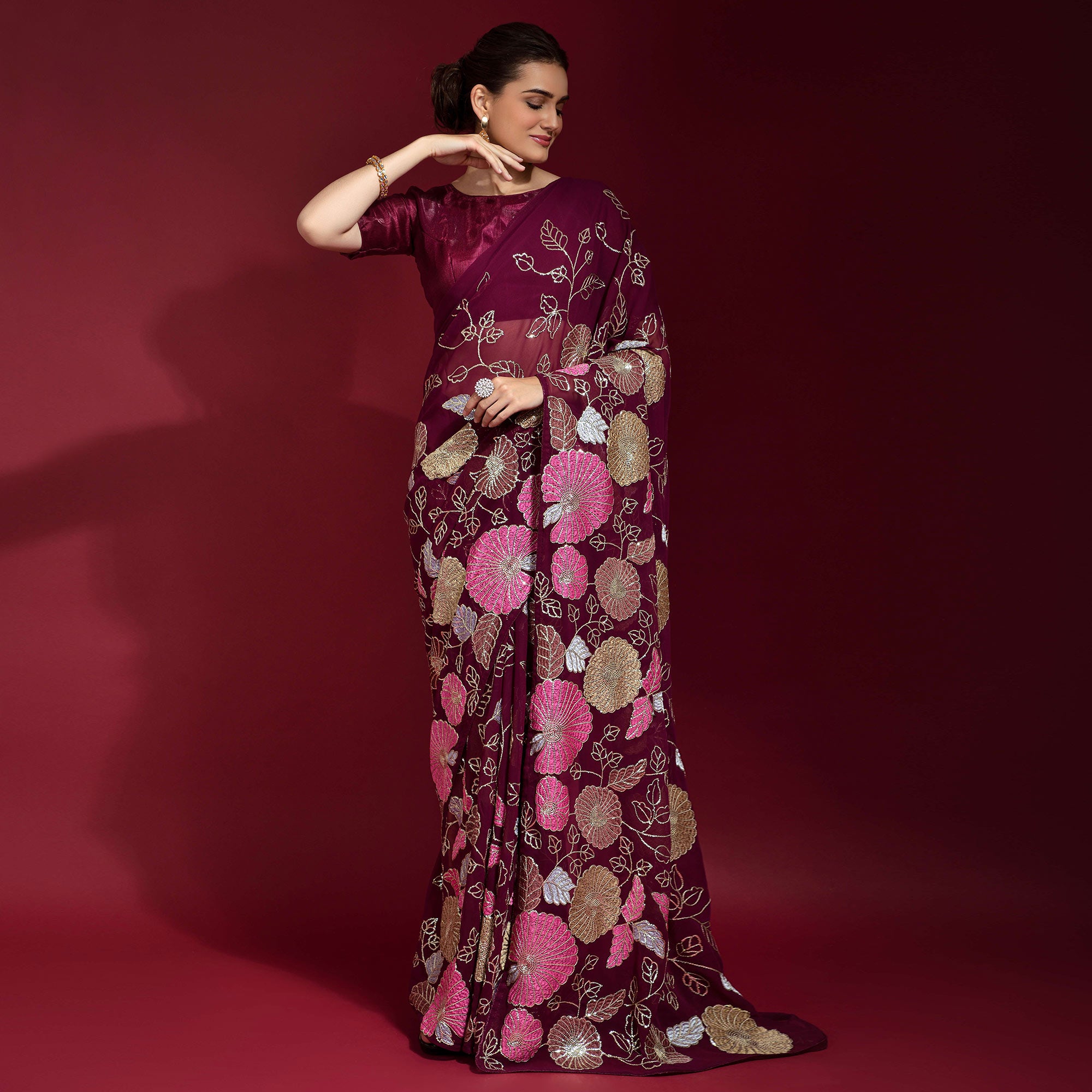 Wine Floral Sequins Embroidered Georgette Saree
