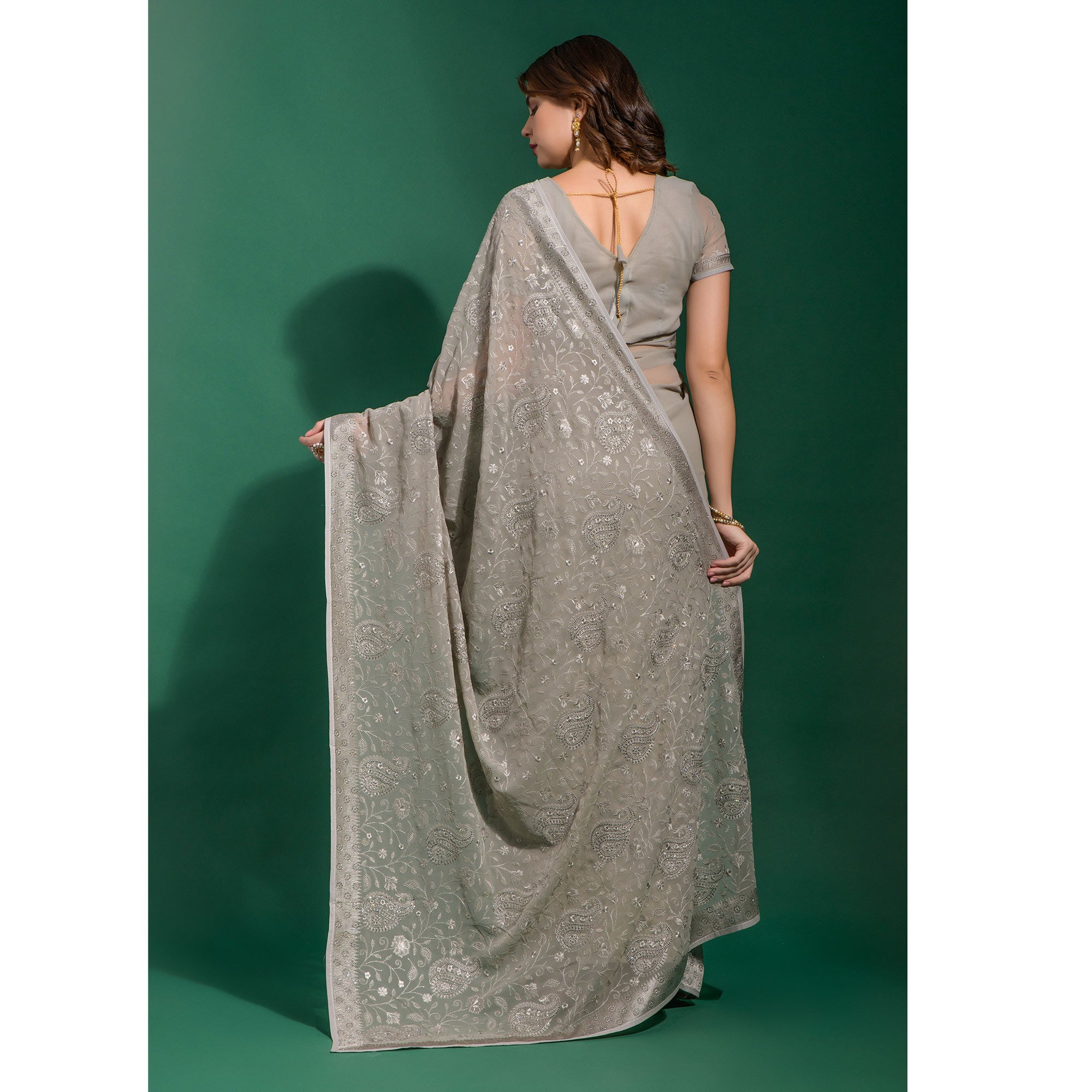 Grey Floral Embroidered Georgette Saree