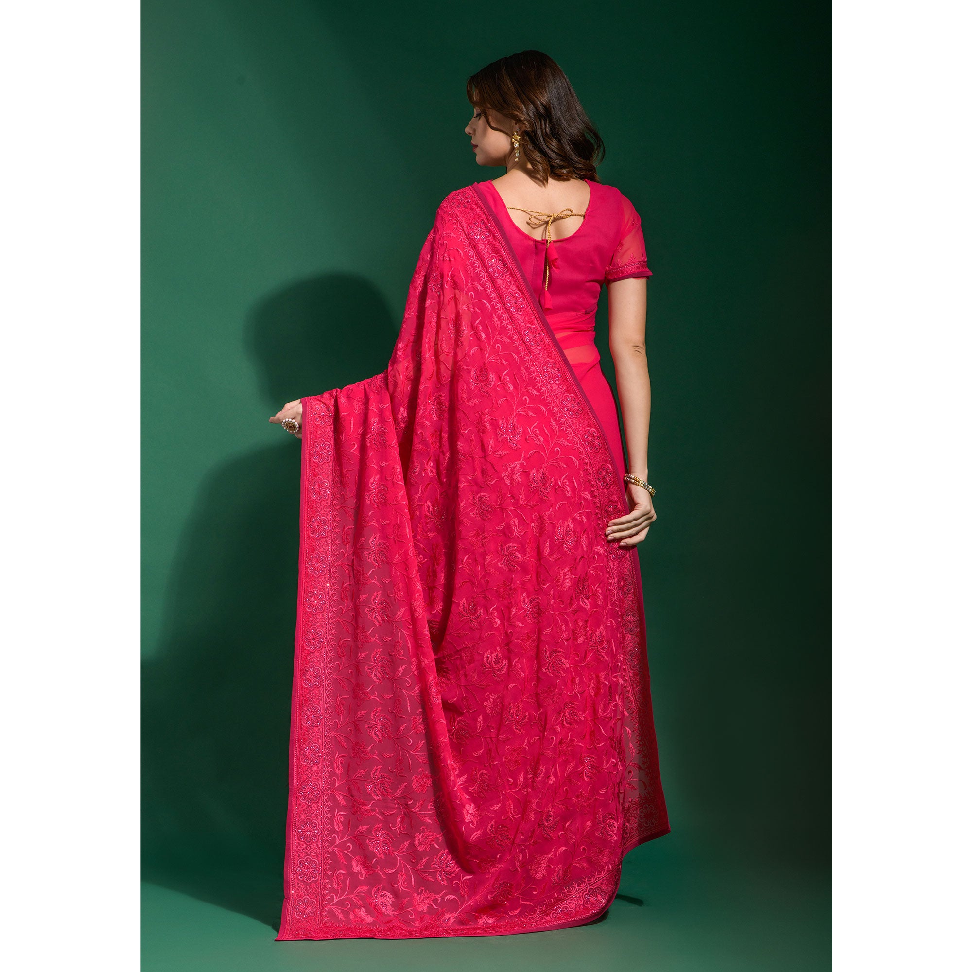 Pink Floral Embroidered Georgette Saree