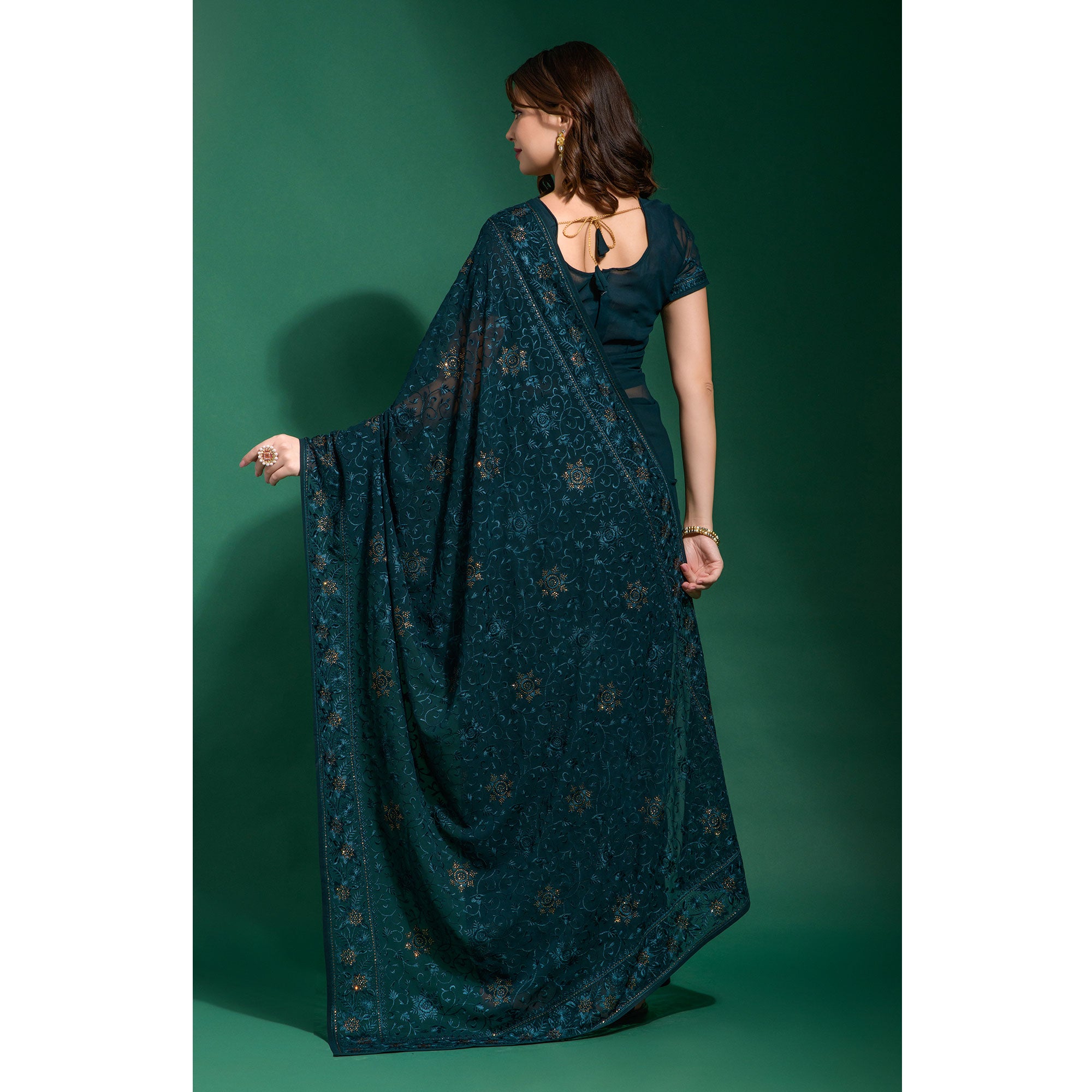 Blue Floral Embroidered Georgette Saree