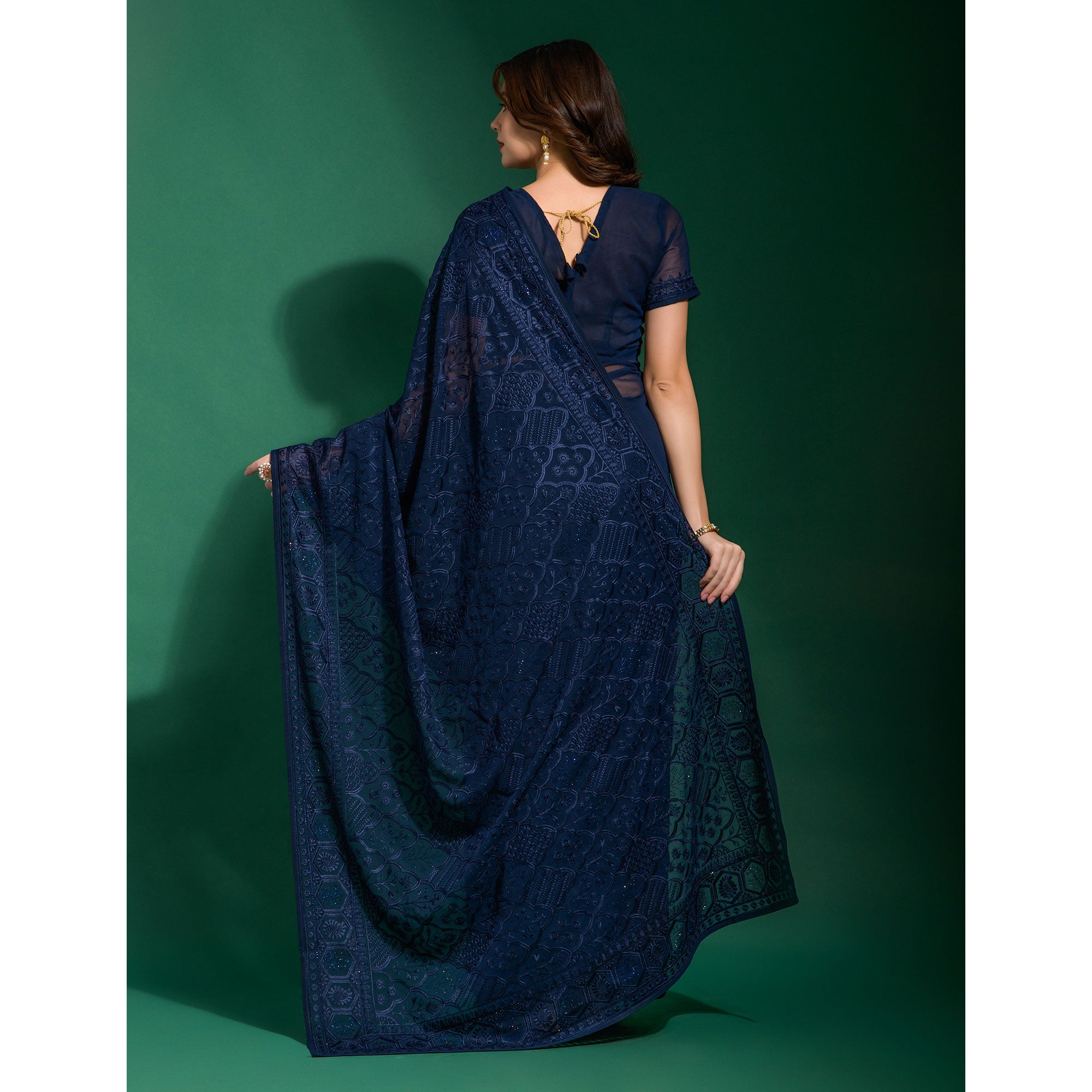 Navy Blue Floral Embroidered Georgette Saree