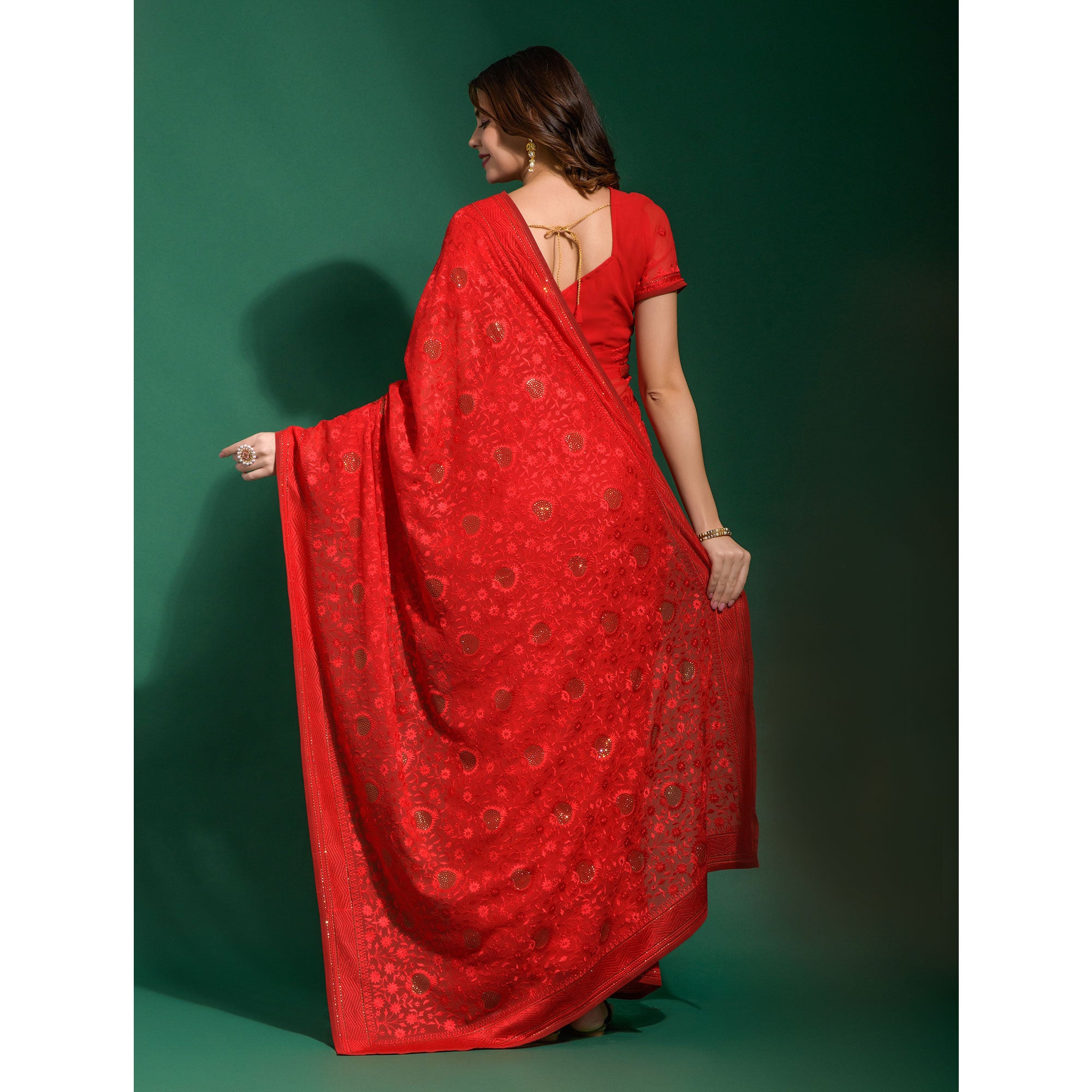 Red Floral Embroidered Georgette Saree