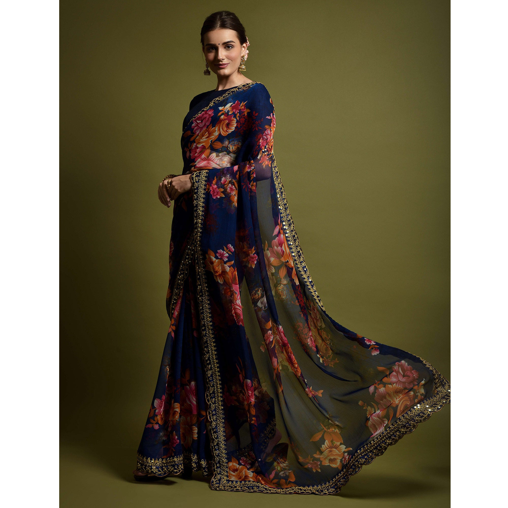 Blue Floral Printed Georgette Saree With Embroidered Border