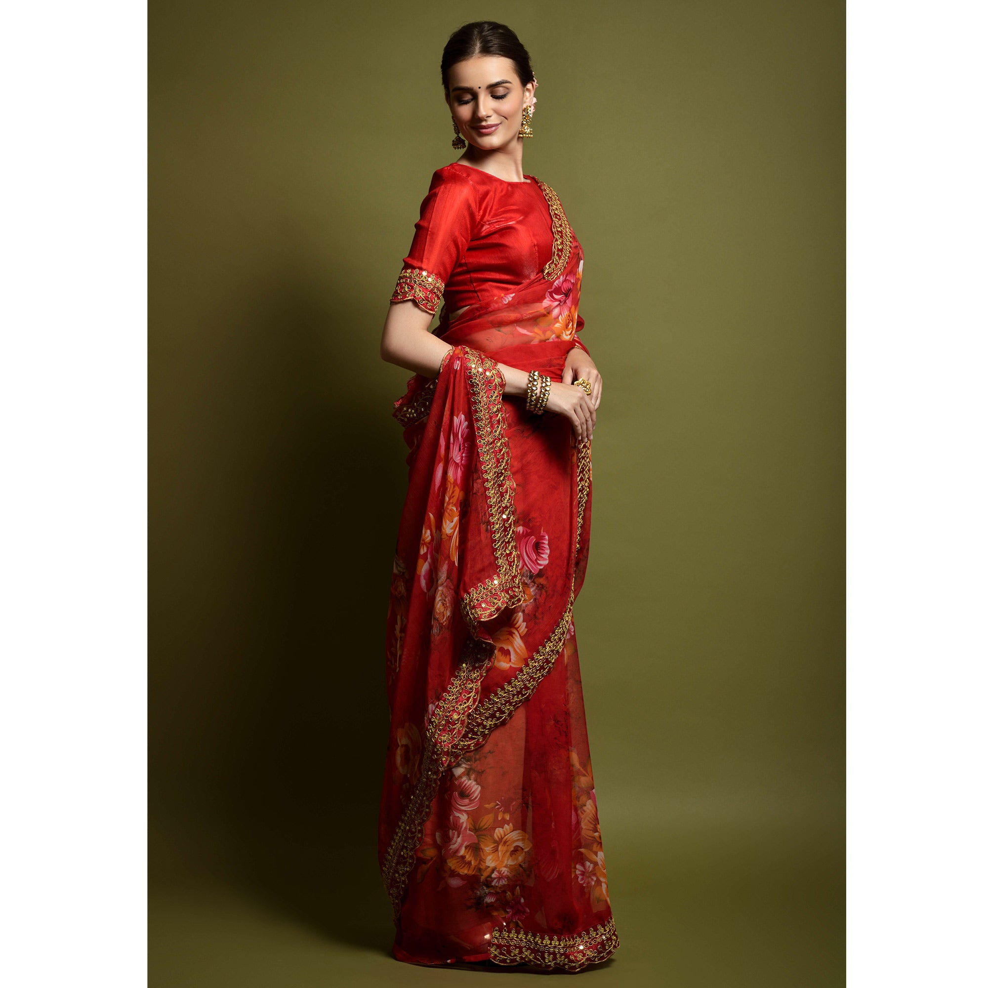 Red Floral Printed Georgette Saree With Embroidered Border