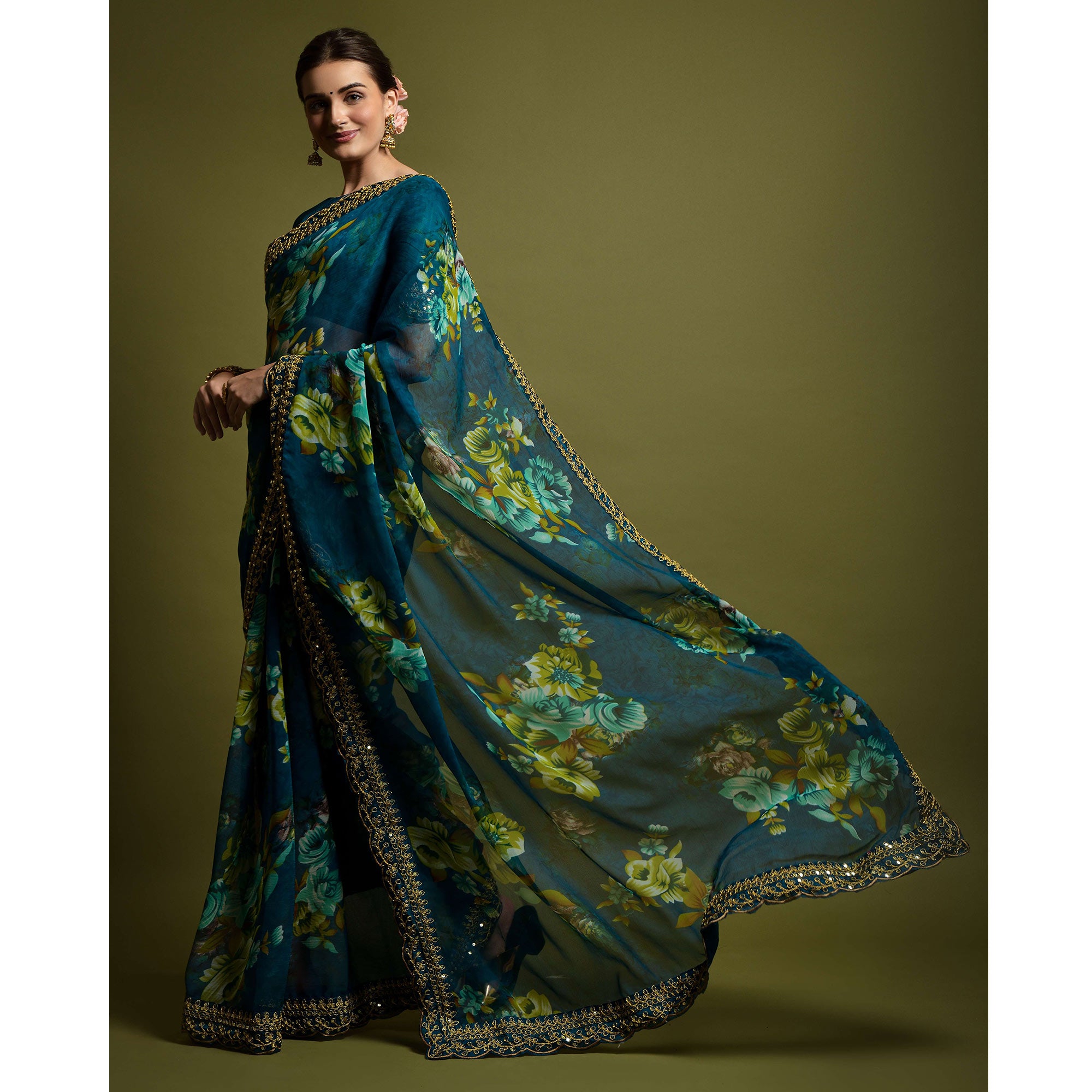 Teal Floral Printed Georgette Saree With Embroidered Border