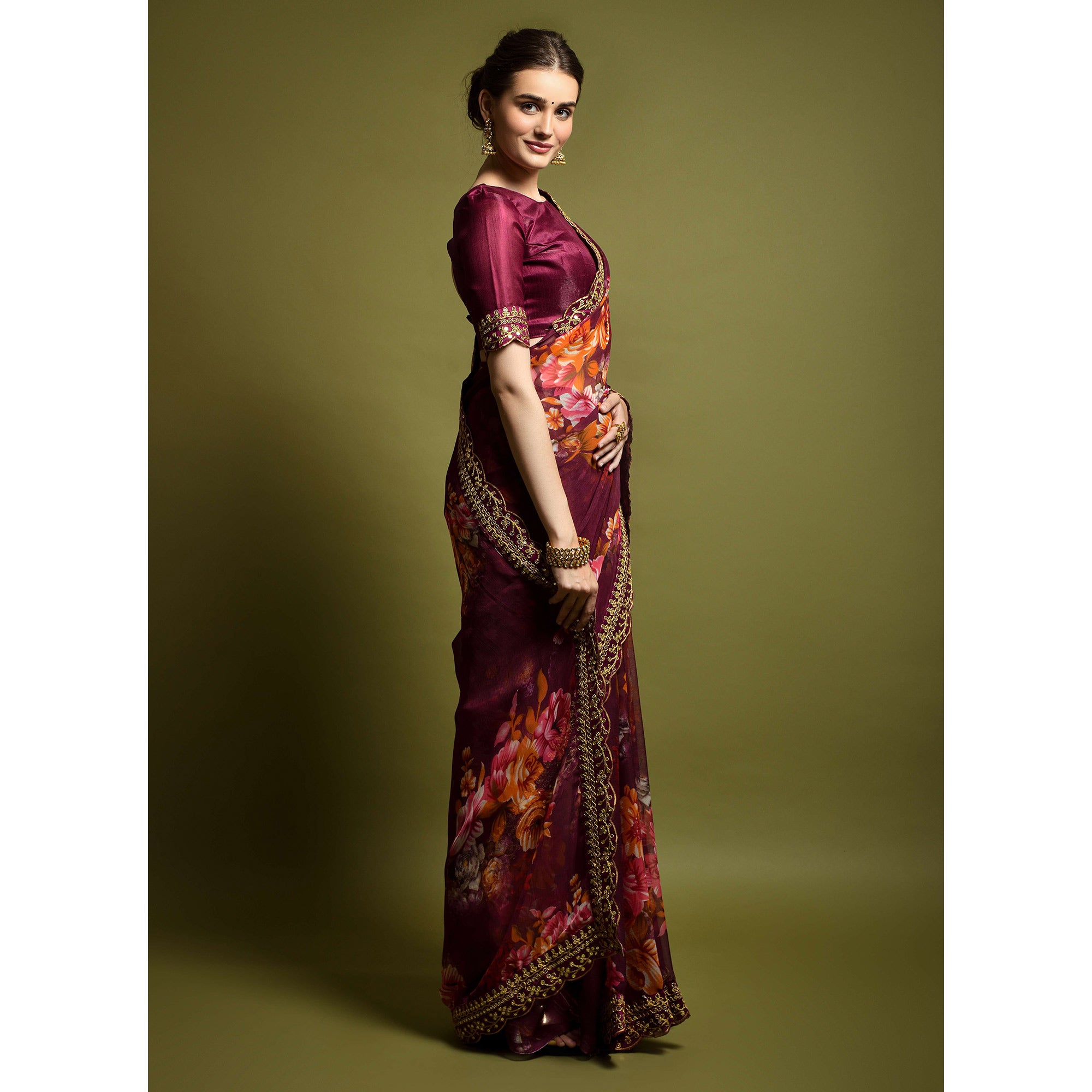 Wine Floral Printed Georgette Saree With Embroidered Border