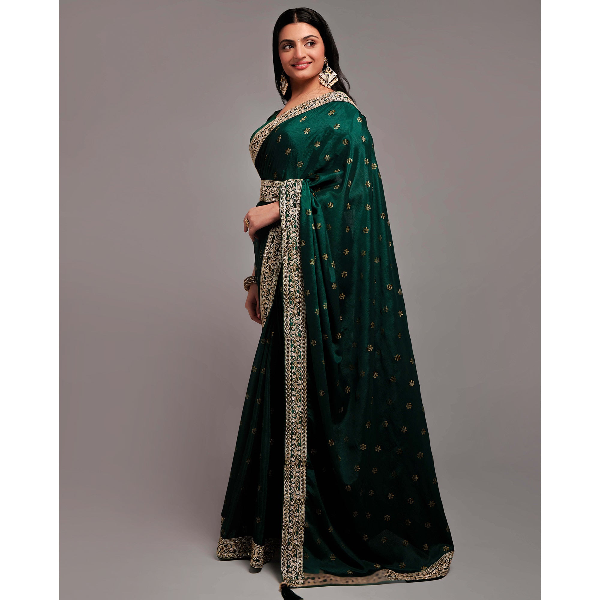 Green Foil Printed With Embroidered Border Chinon Saree