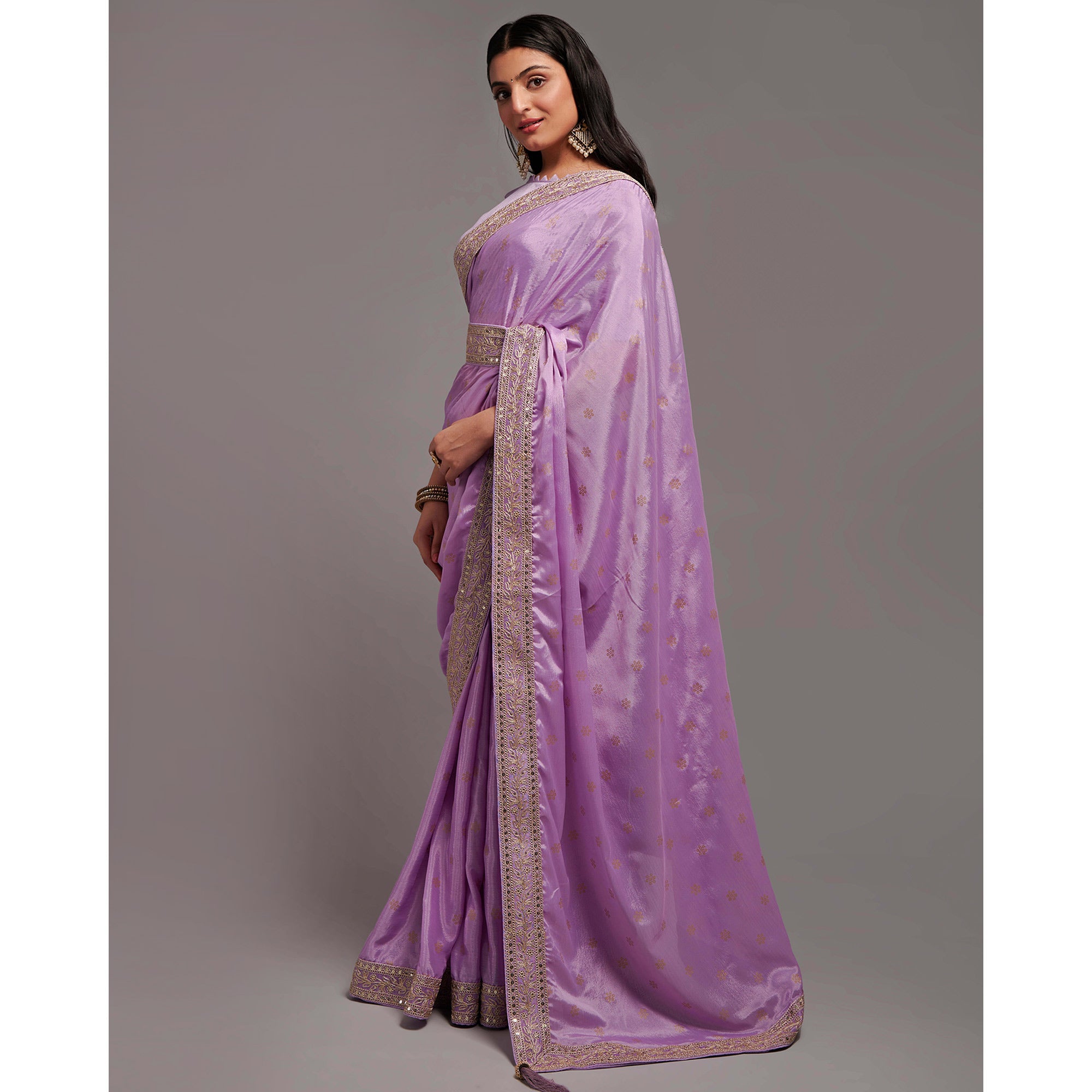 Light Purple Foil Printed With Embroidered Border Chinon Saree