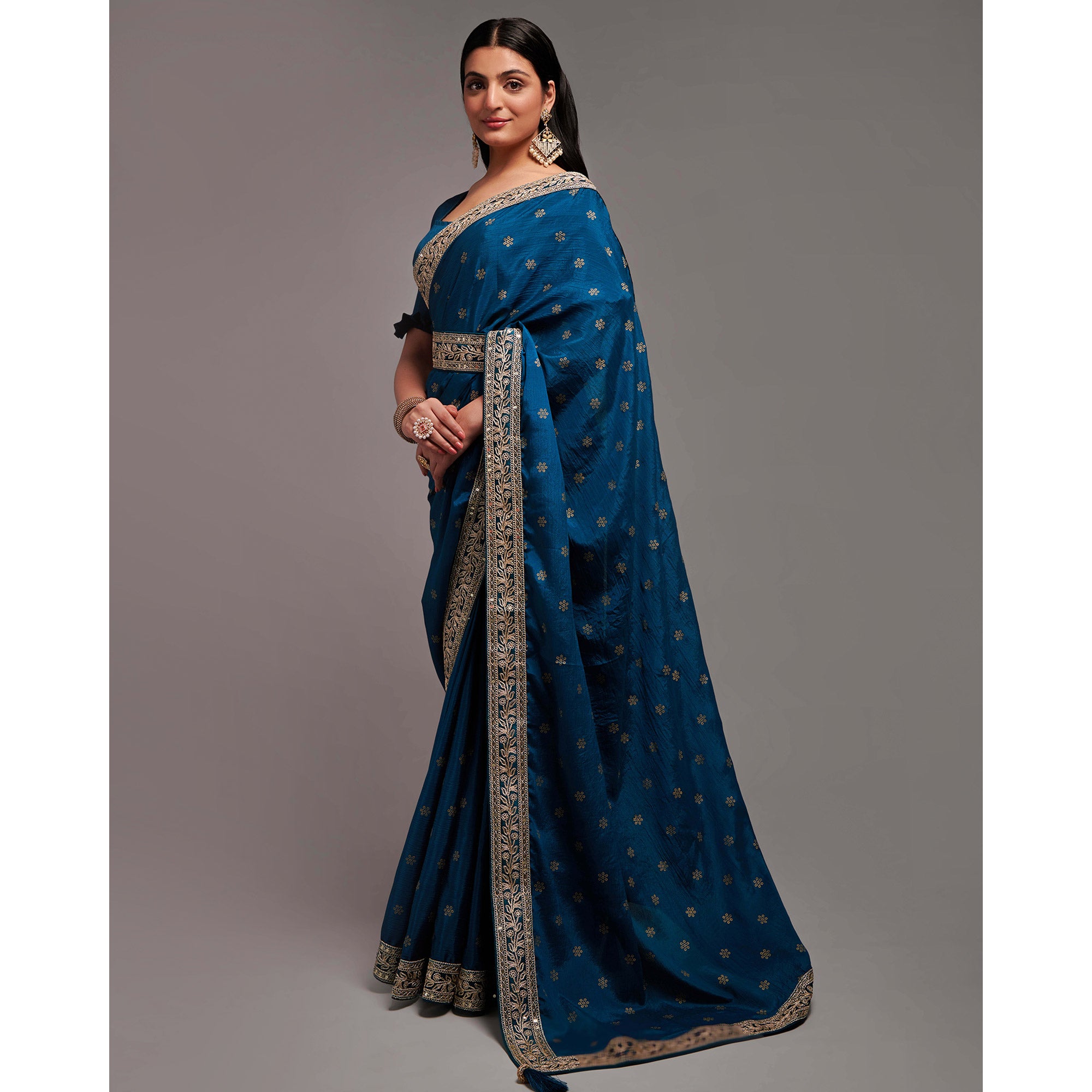 Blue Foil Printed With Embroidered Border Chinon Saree