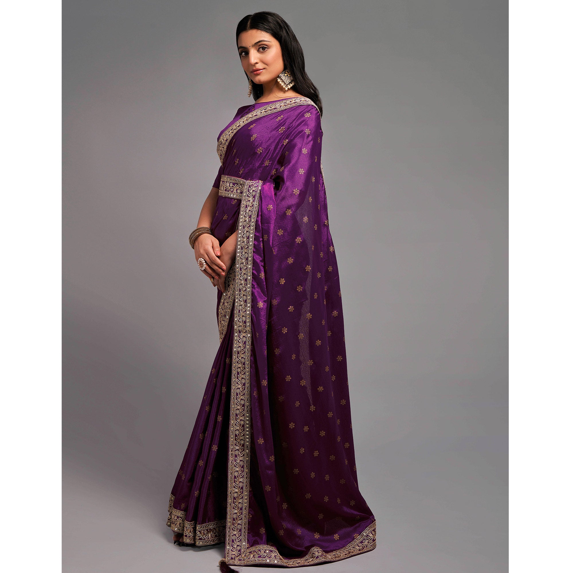 Wine Foil Printed With Embroidered Border Chinon Saree