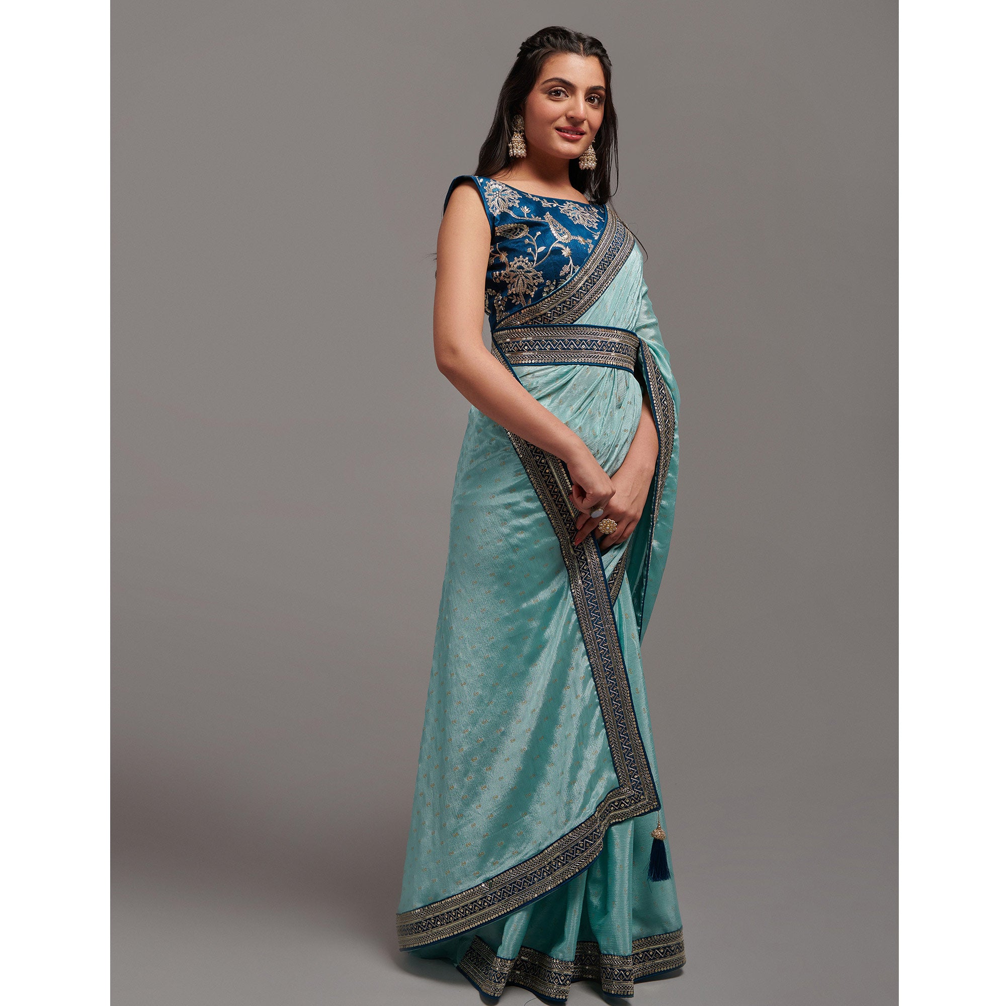 Turquoise Foil Printed With Embroidered Border Chinon Saree
