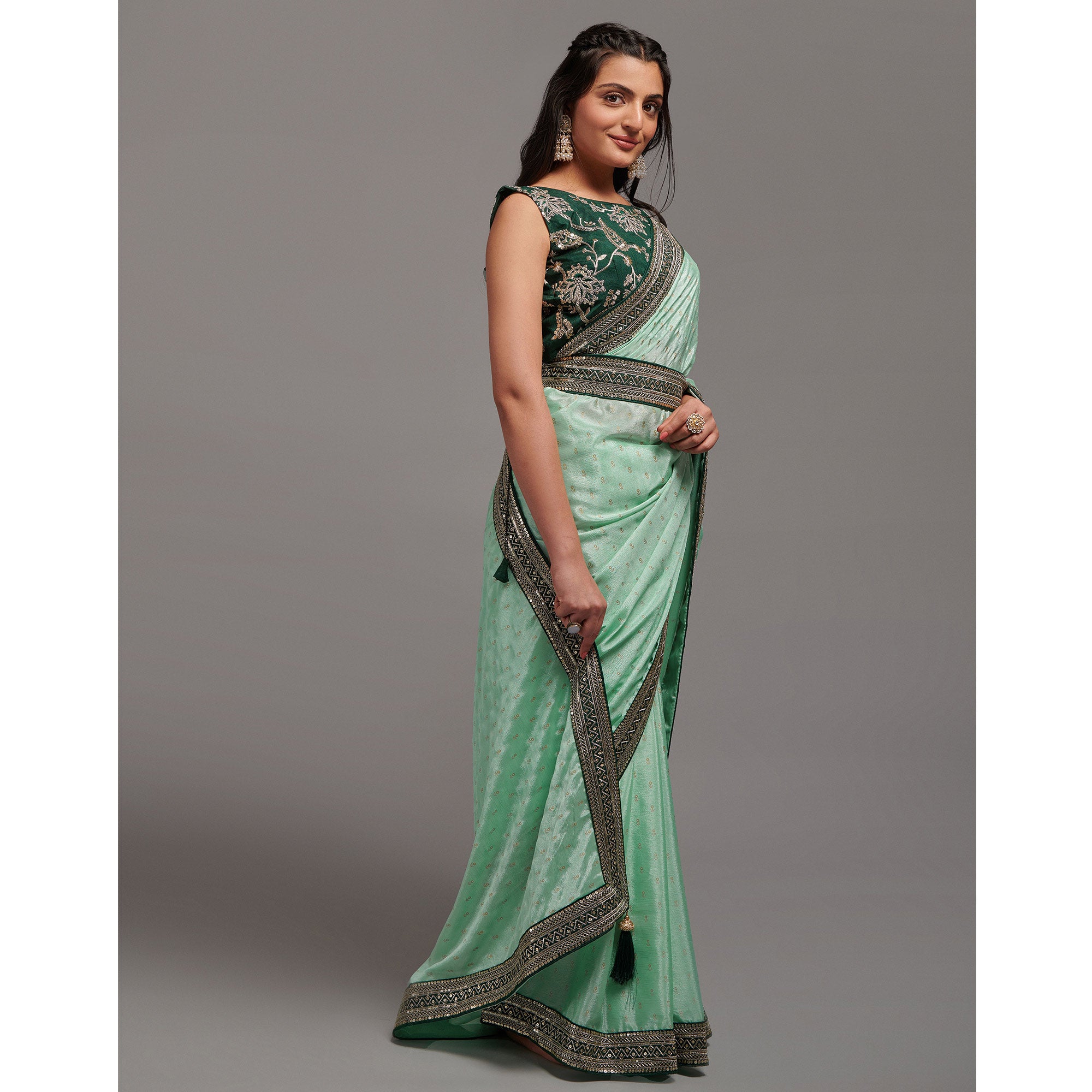 Green Foil Printed With Embroidered Border Chinon Saree