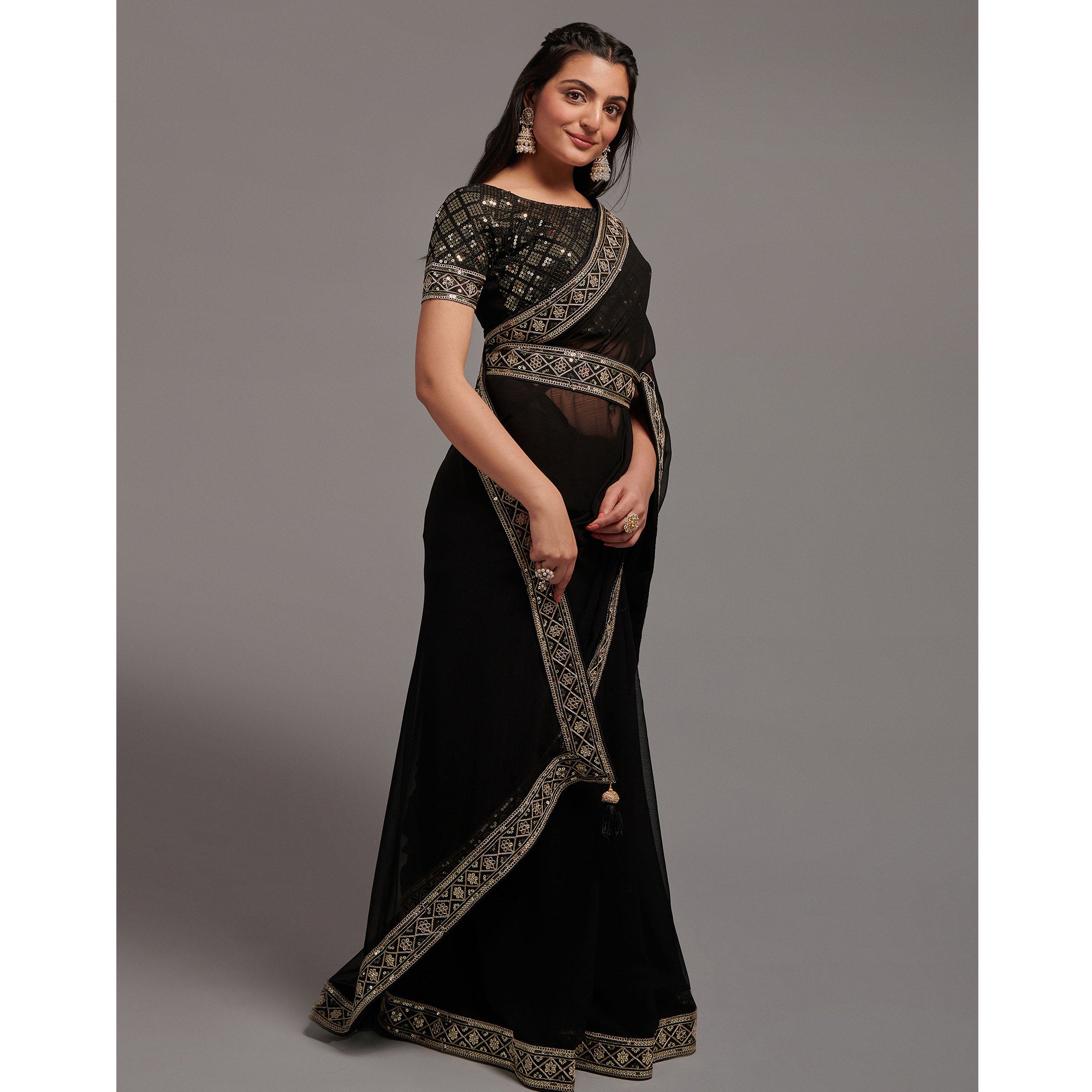 Black Sequins Embroidered Border Chinon Saree