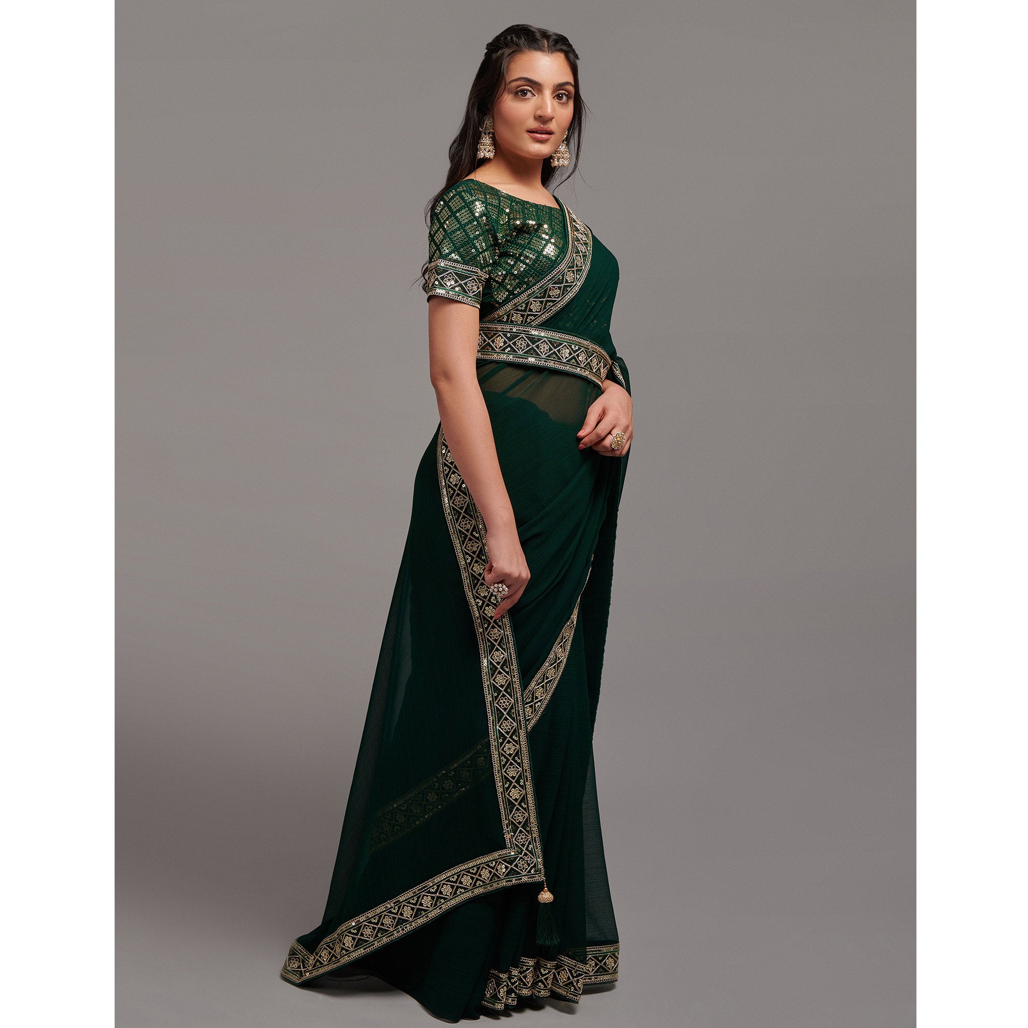 Green Sequins Embroidered Border Chinon Saree