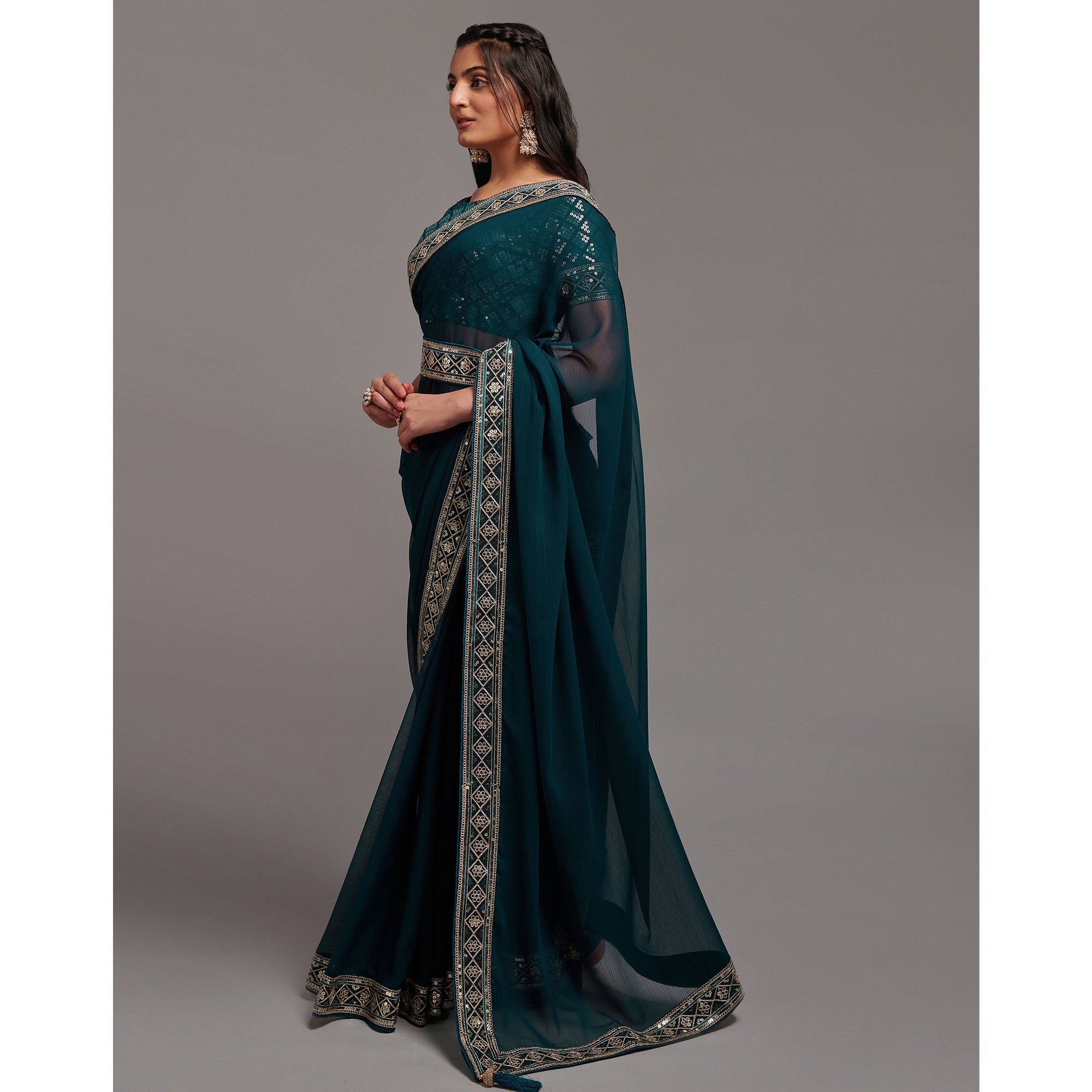 Morpich Sequins Embroidered Border Chinon Saree