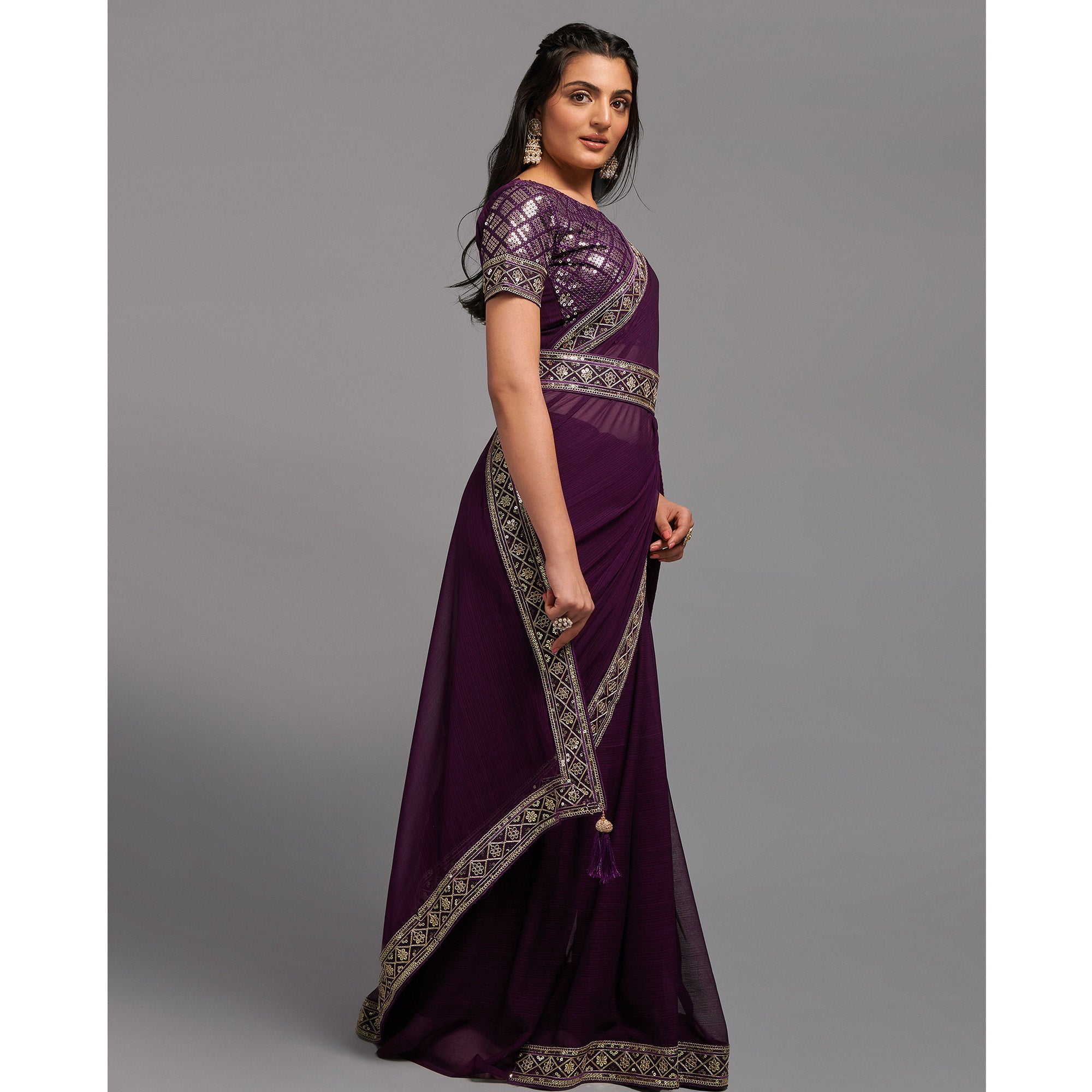 Wine Sequins Embroidered Border Chinon Saree