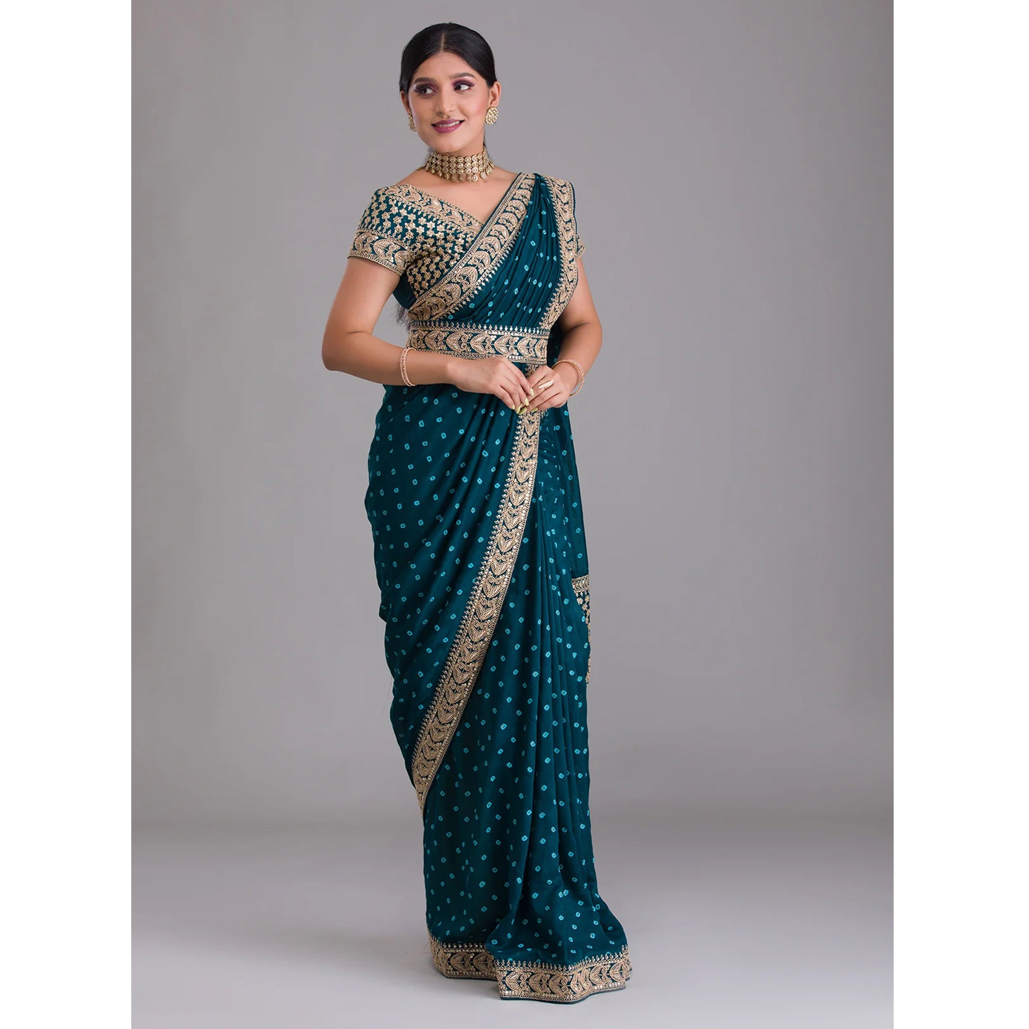 Blue Printed With Embroidered Vichitra Silk Saree