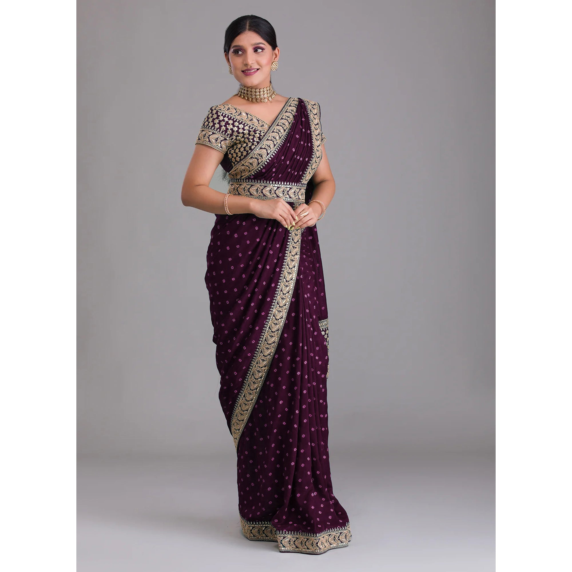 Wine Printed With Embroidered Vichitra Silk Saree