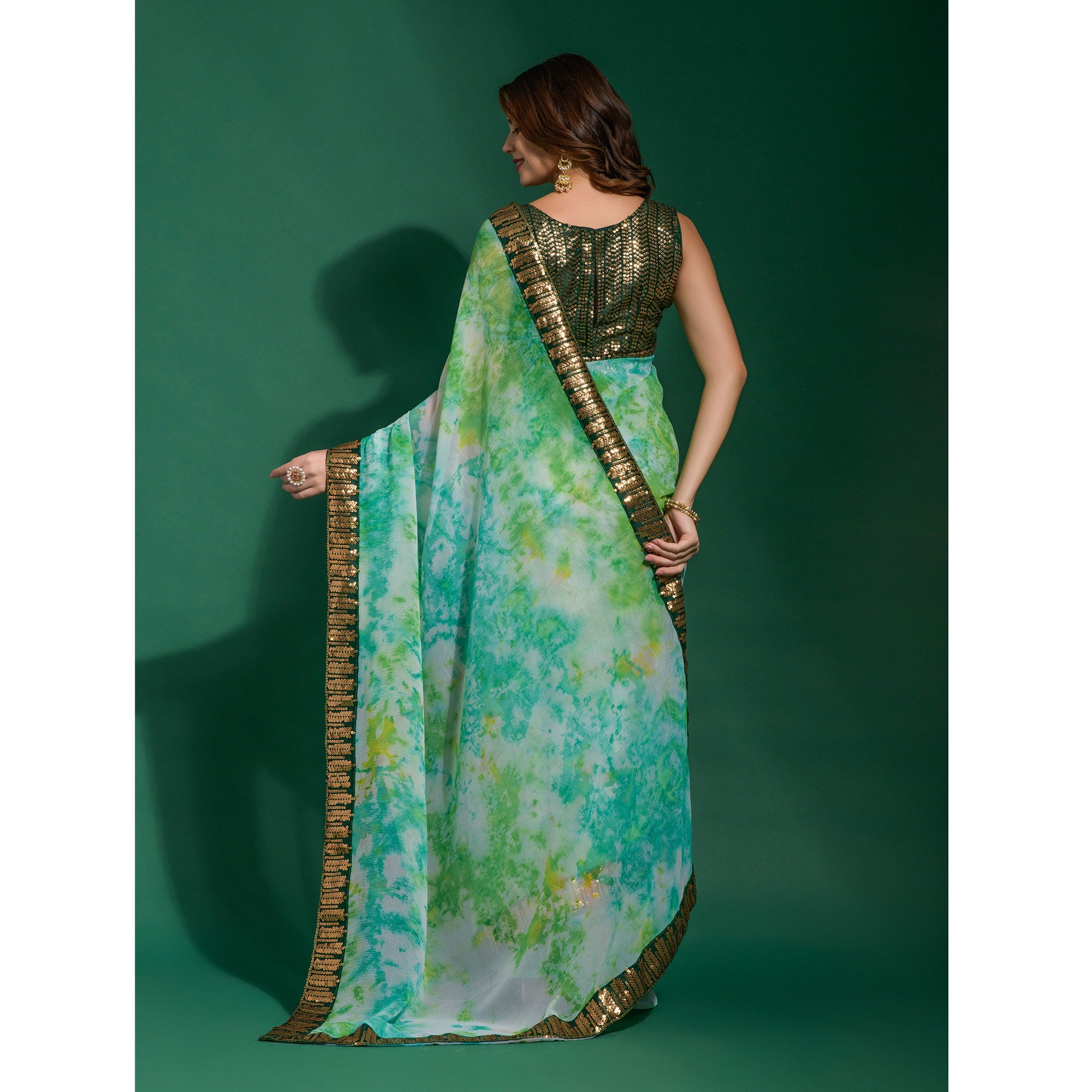 Green Printed With Sequins Border Chiffon Saree