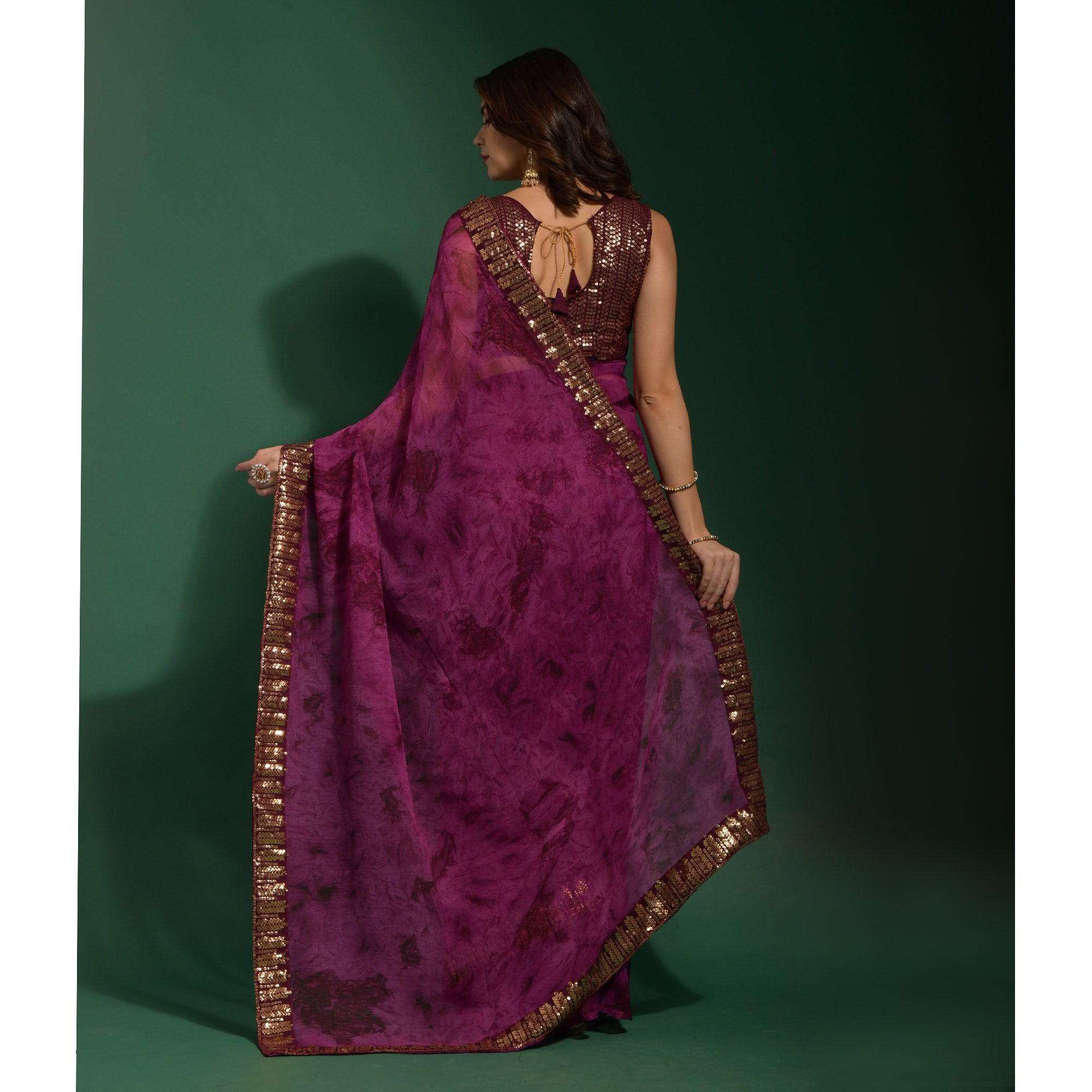 Wine Printed With Sequins Border Chiffon Saree