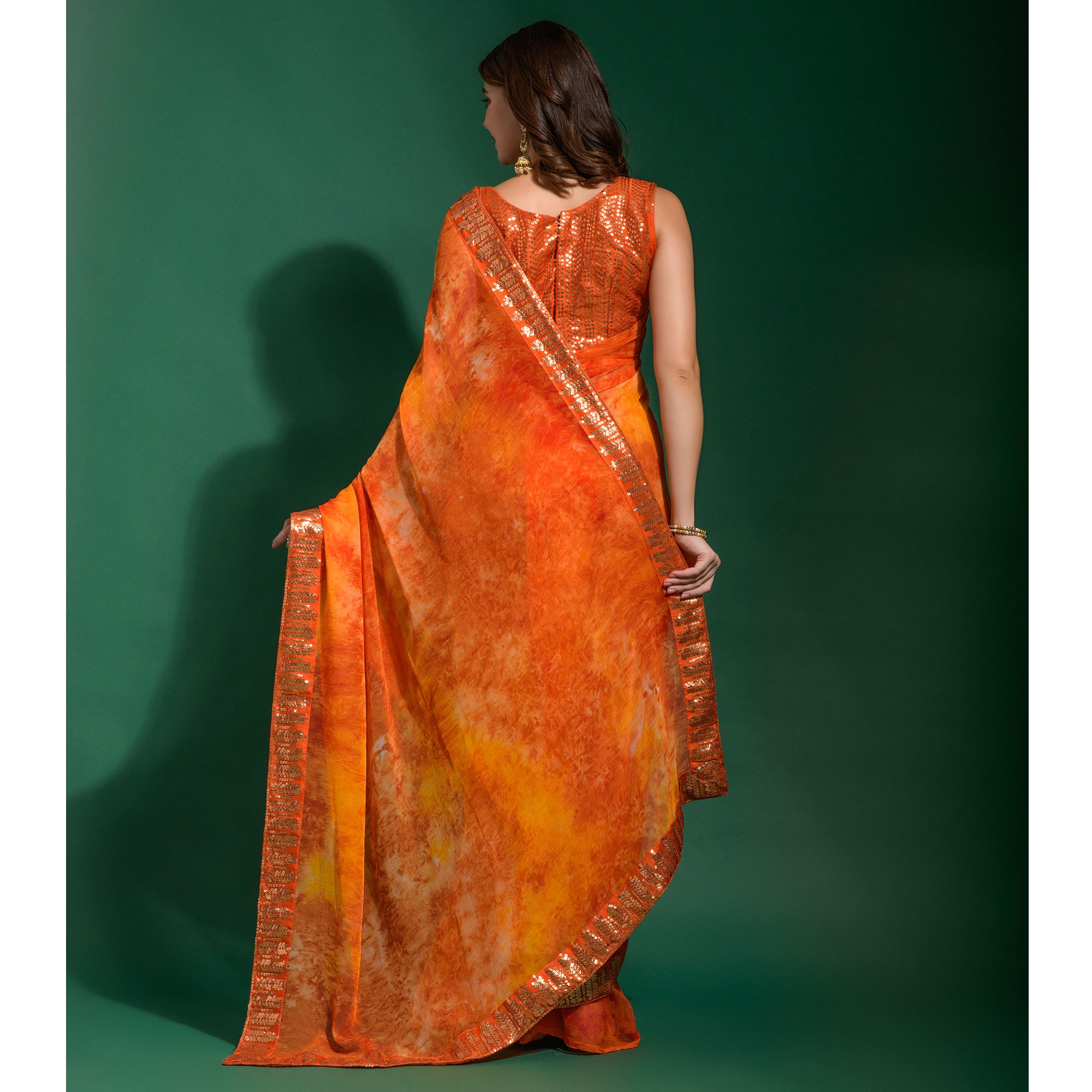 Orange Printed With Sequins Border Chiffon Saree