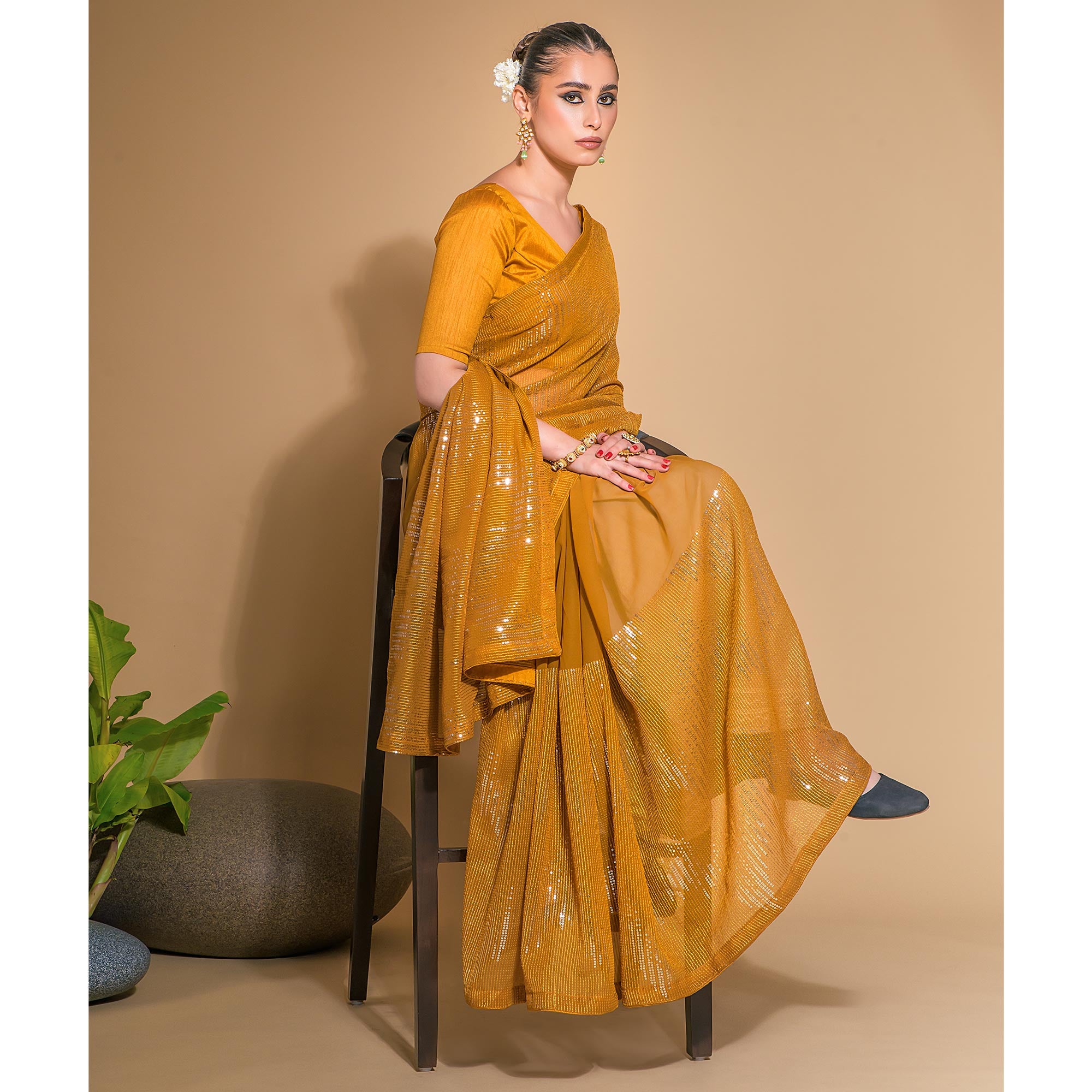 Mustard Sequins Embroidered Georgette Saree