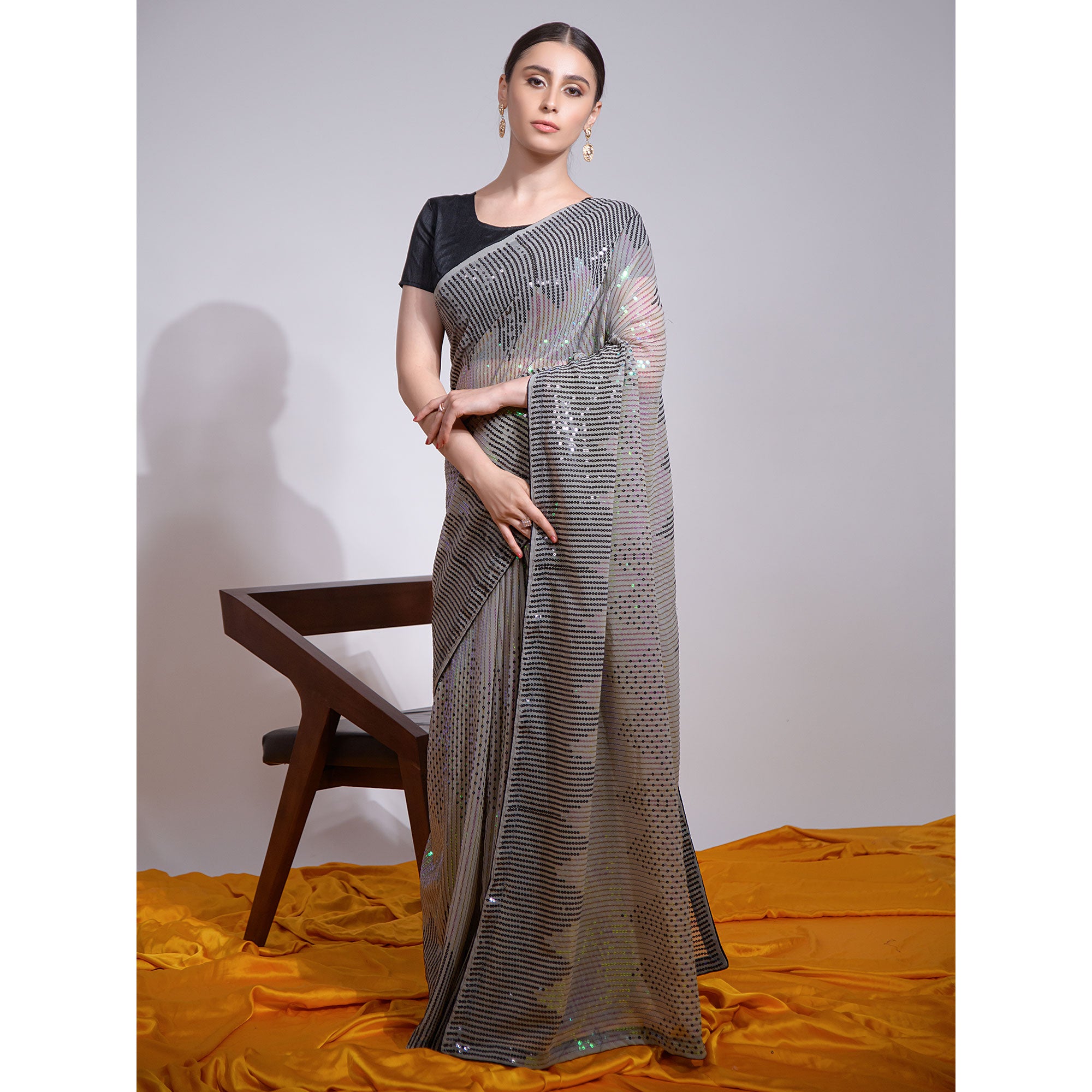 Grey Sequins Embroidered Georgette Saree