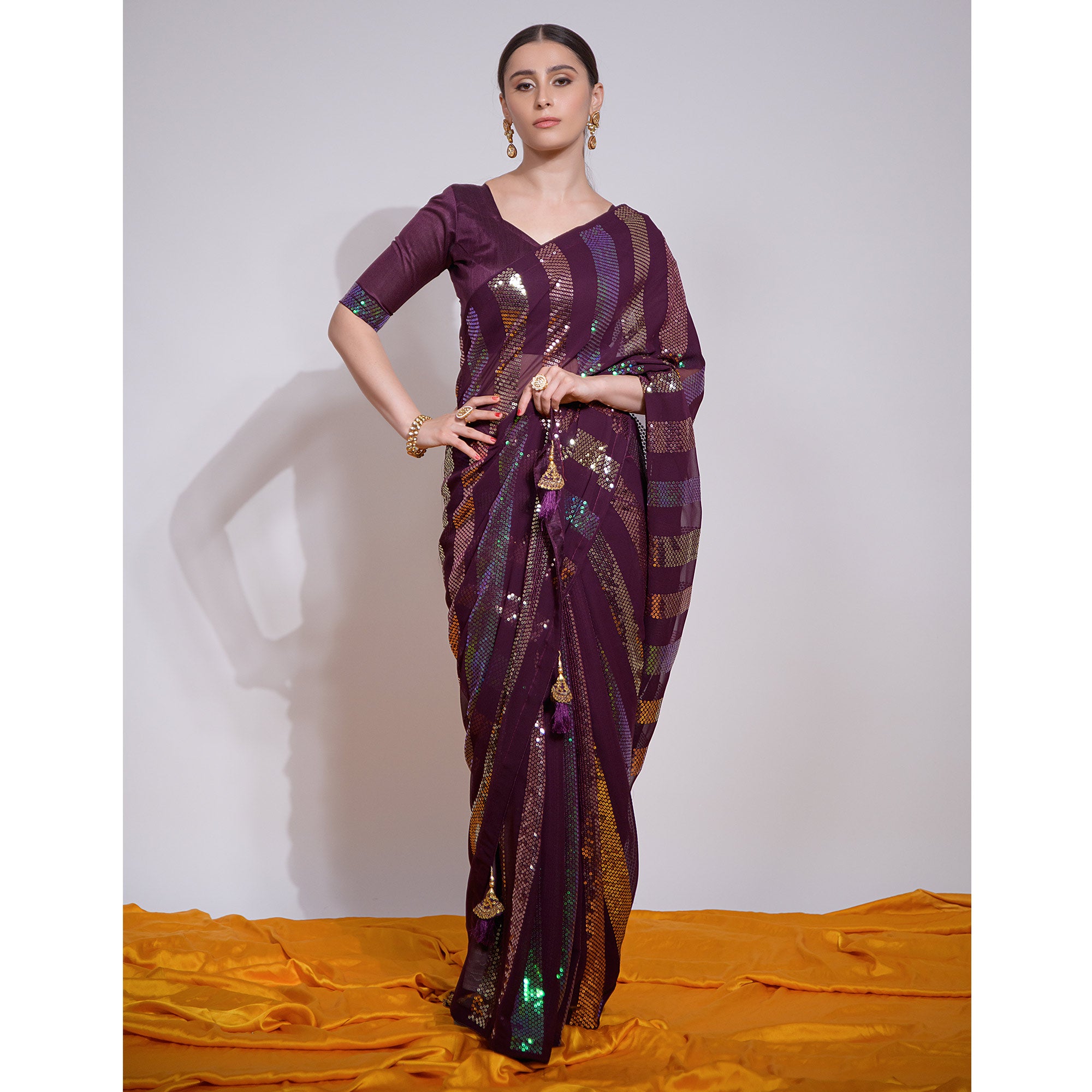 Wine Sequins Embroidered Georgette Saree