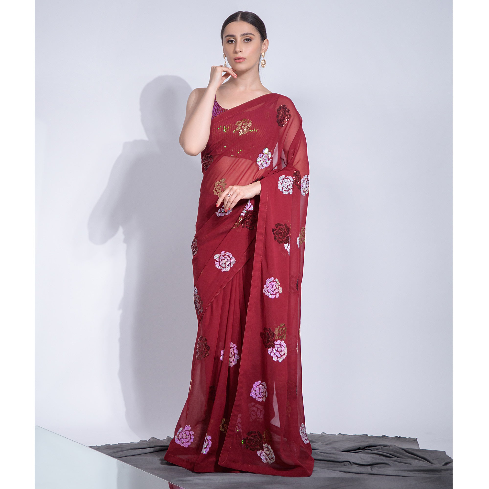 Maroon Sequins Embroidered Georgette Saree