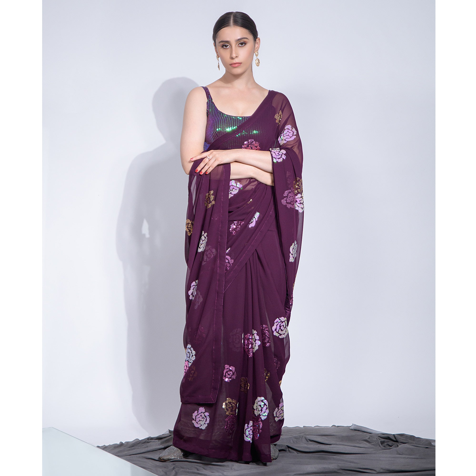 Wine Sequins Embroidered Georgette Saree