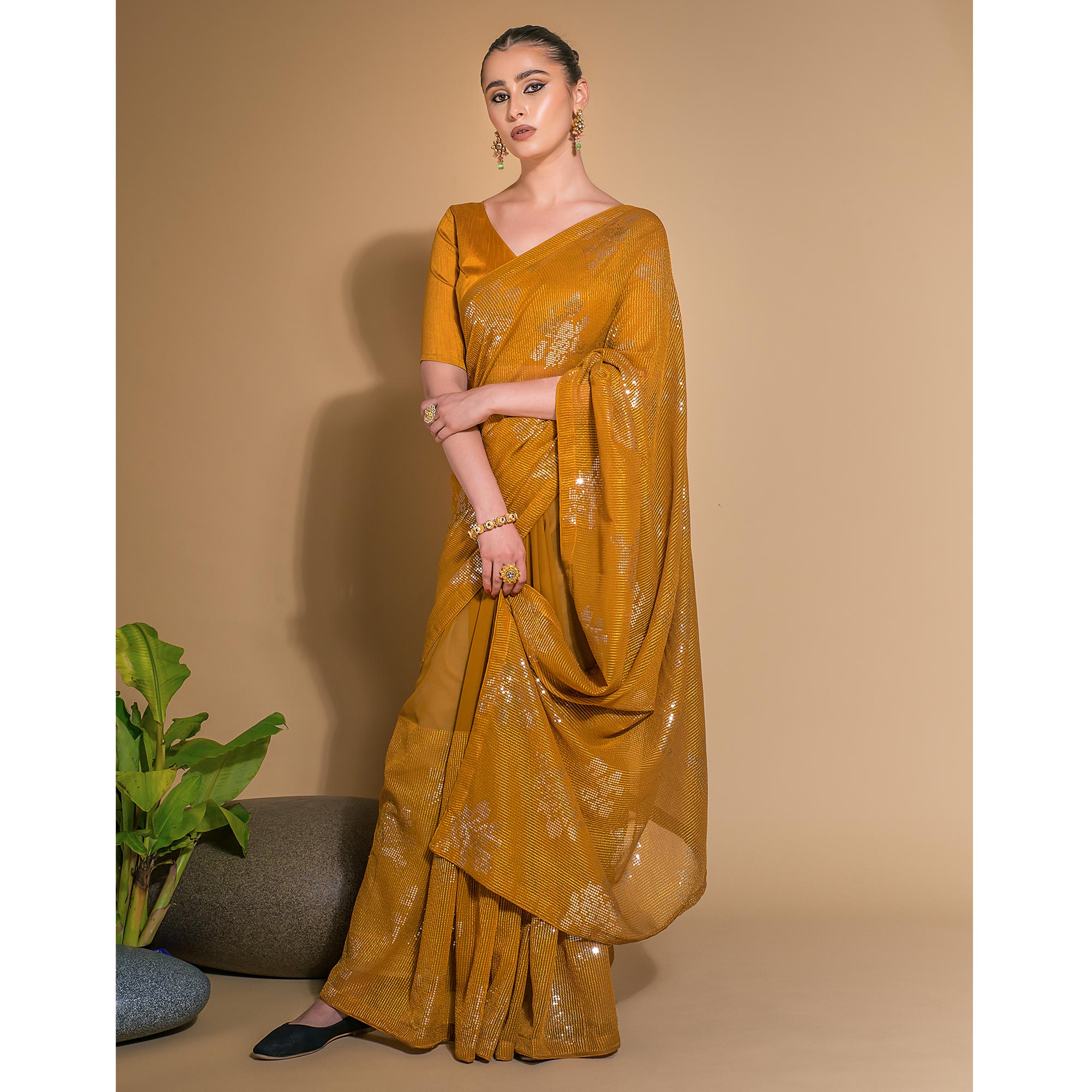 Mustard Sequins Embroidered Georgette Saree