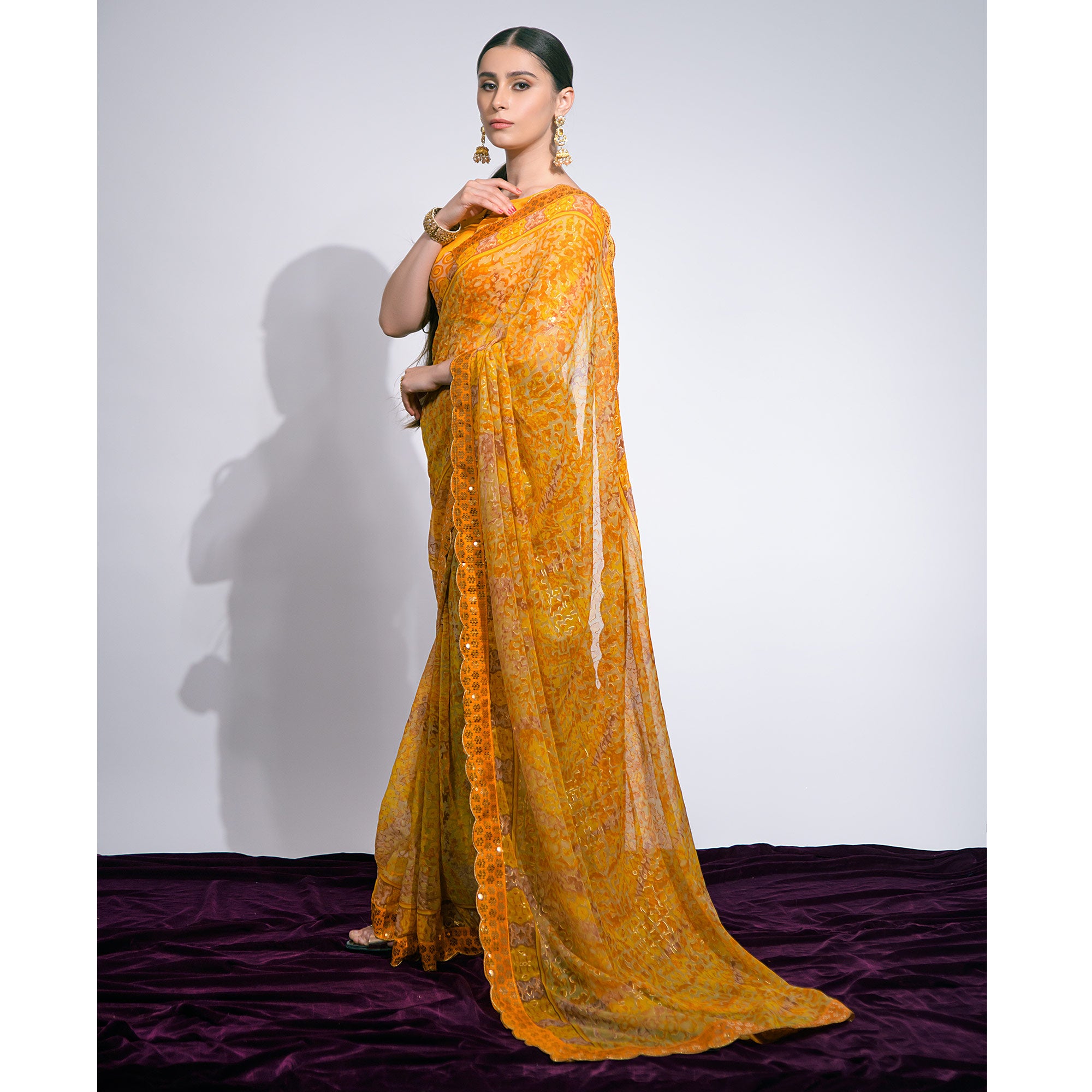 Yellow Foil Printed Chiffon Saree With Embroidered Border