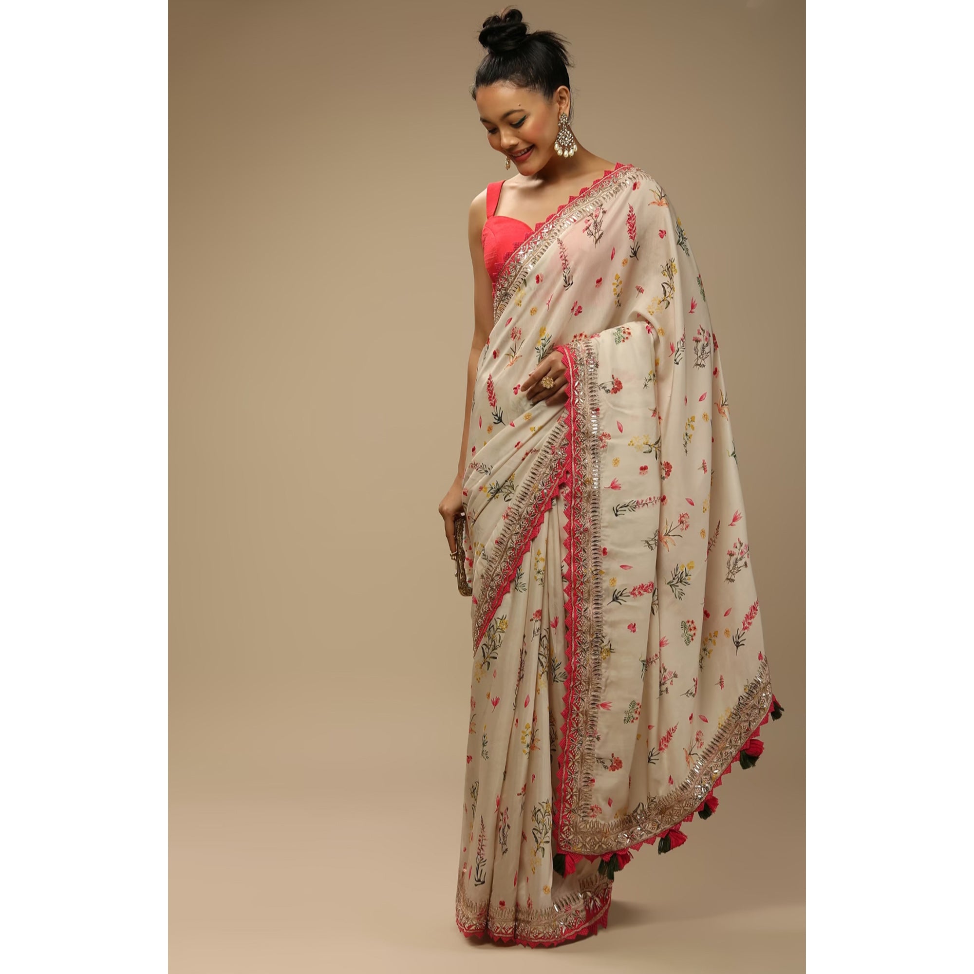 Off White Floral Printed Chinon Saree