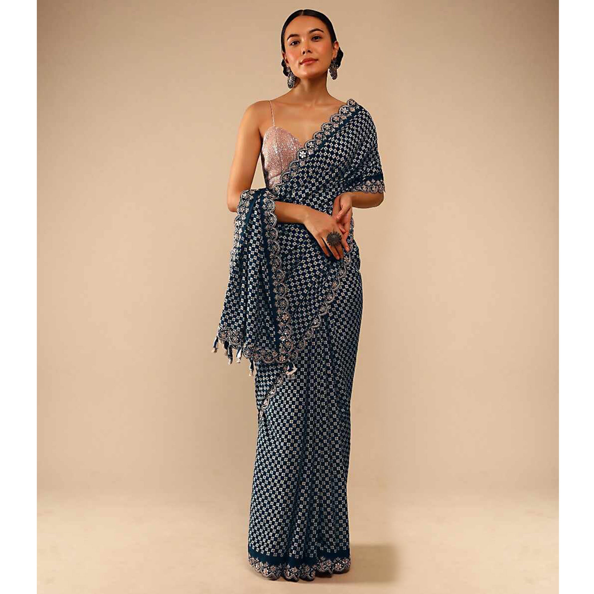 Grey Printed With Embroidered Border Chinon Saree