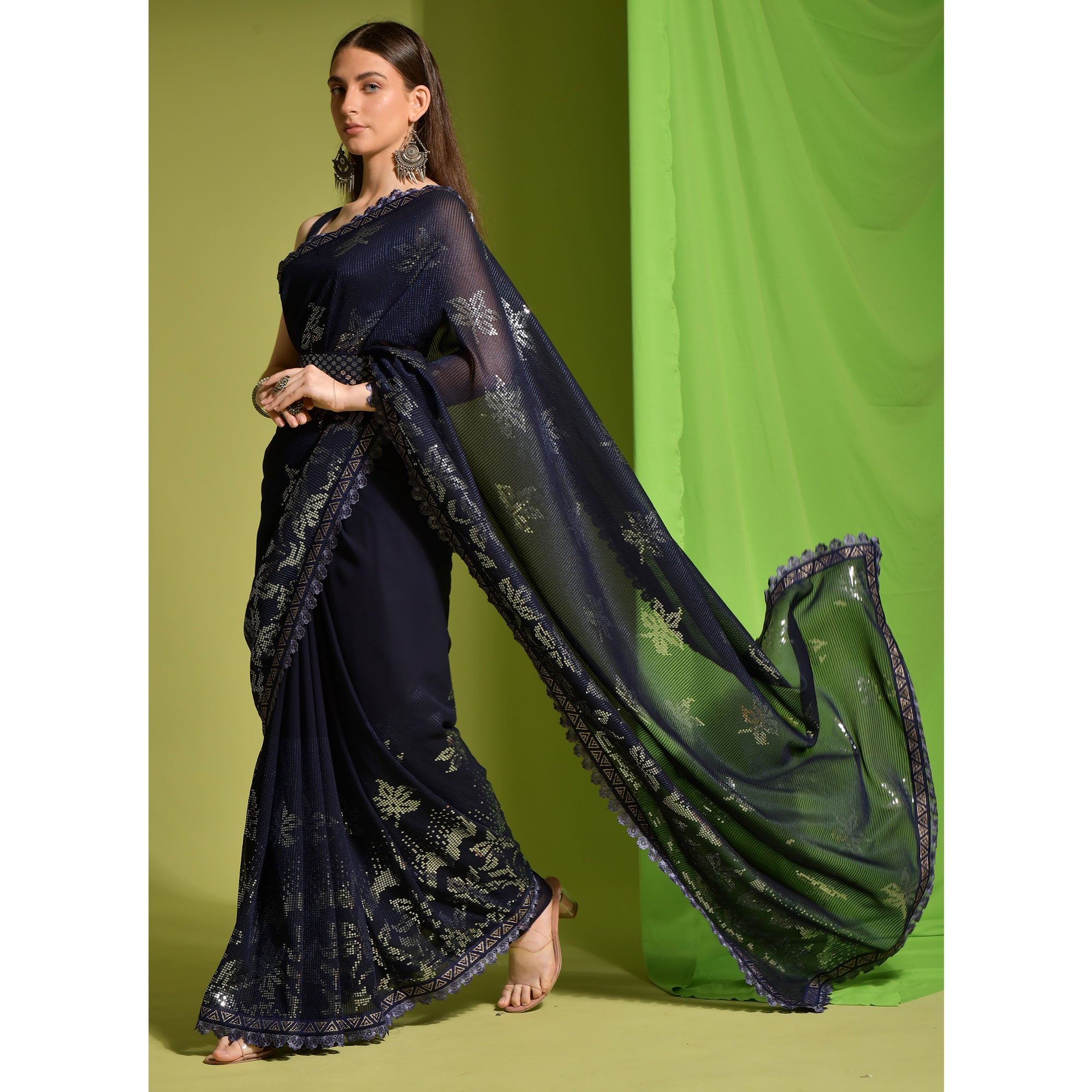 Navy Blue Sequins Embroidered Georgette Saree
