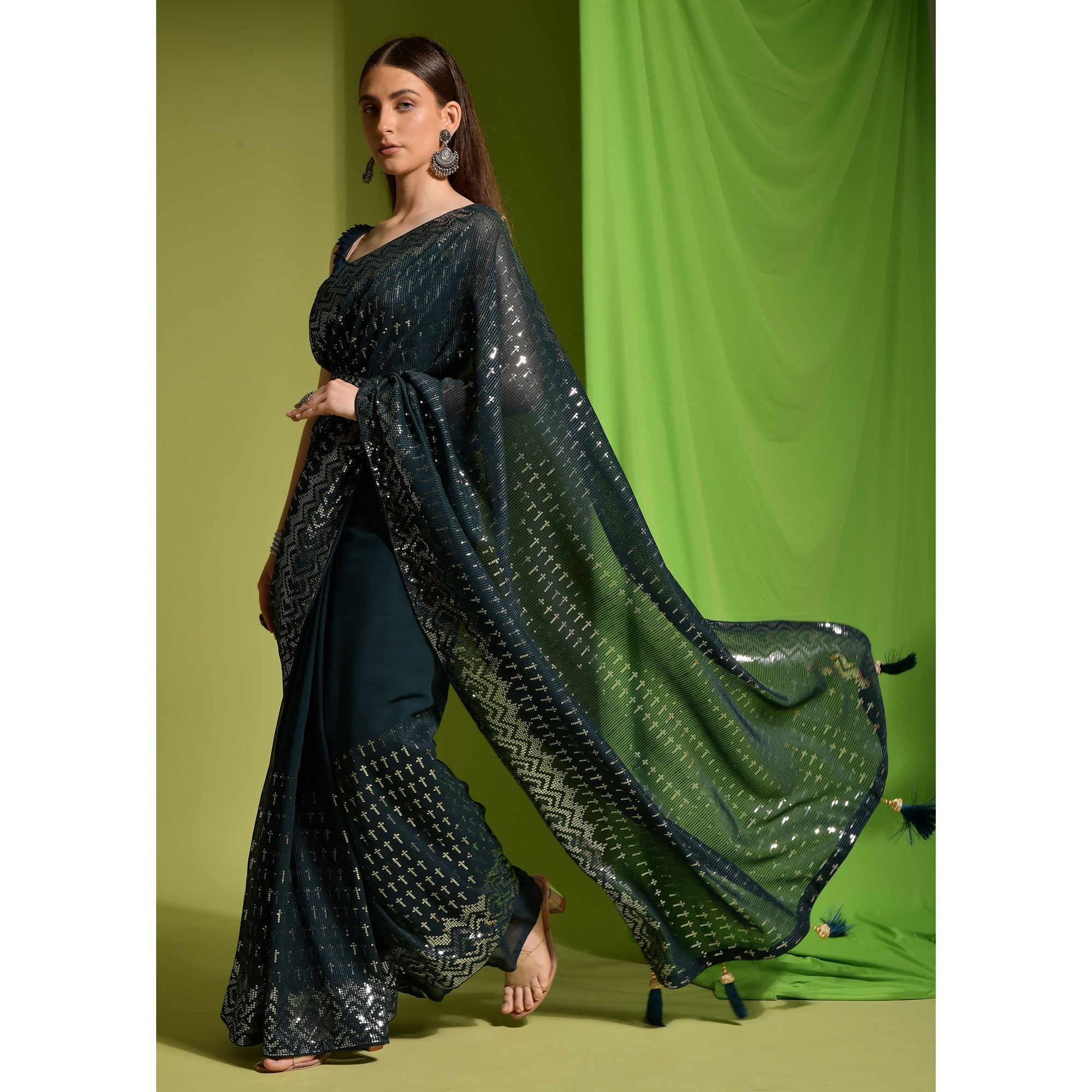 Dark Green Sequins Embroidered Georgette Saree