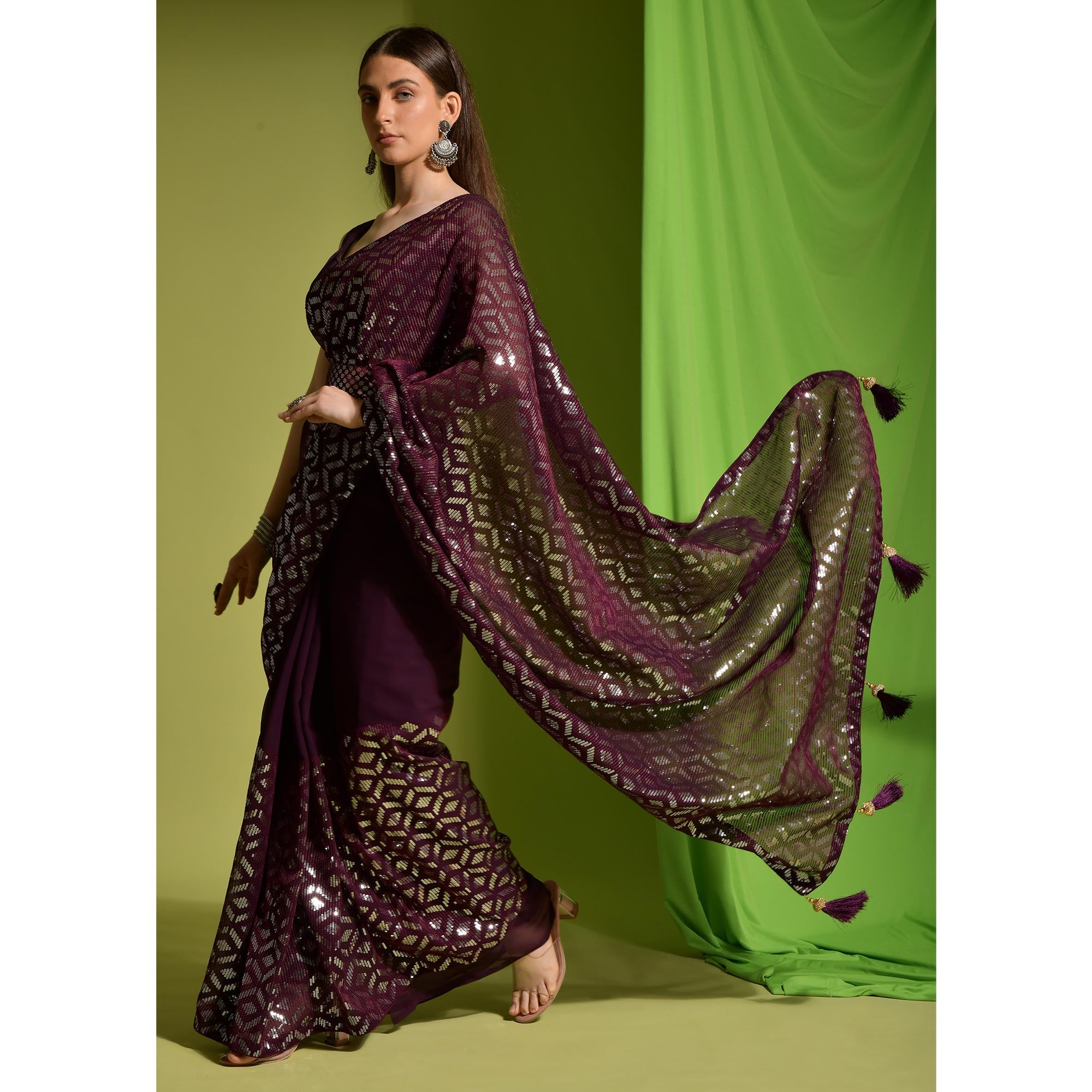 Wine Sequins Embroidered Georgette Saree