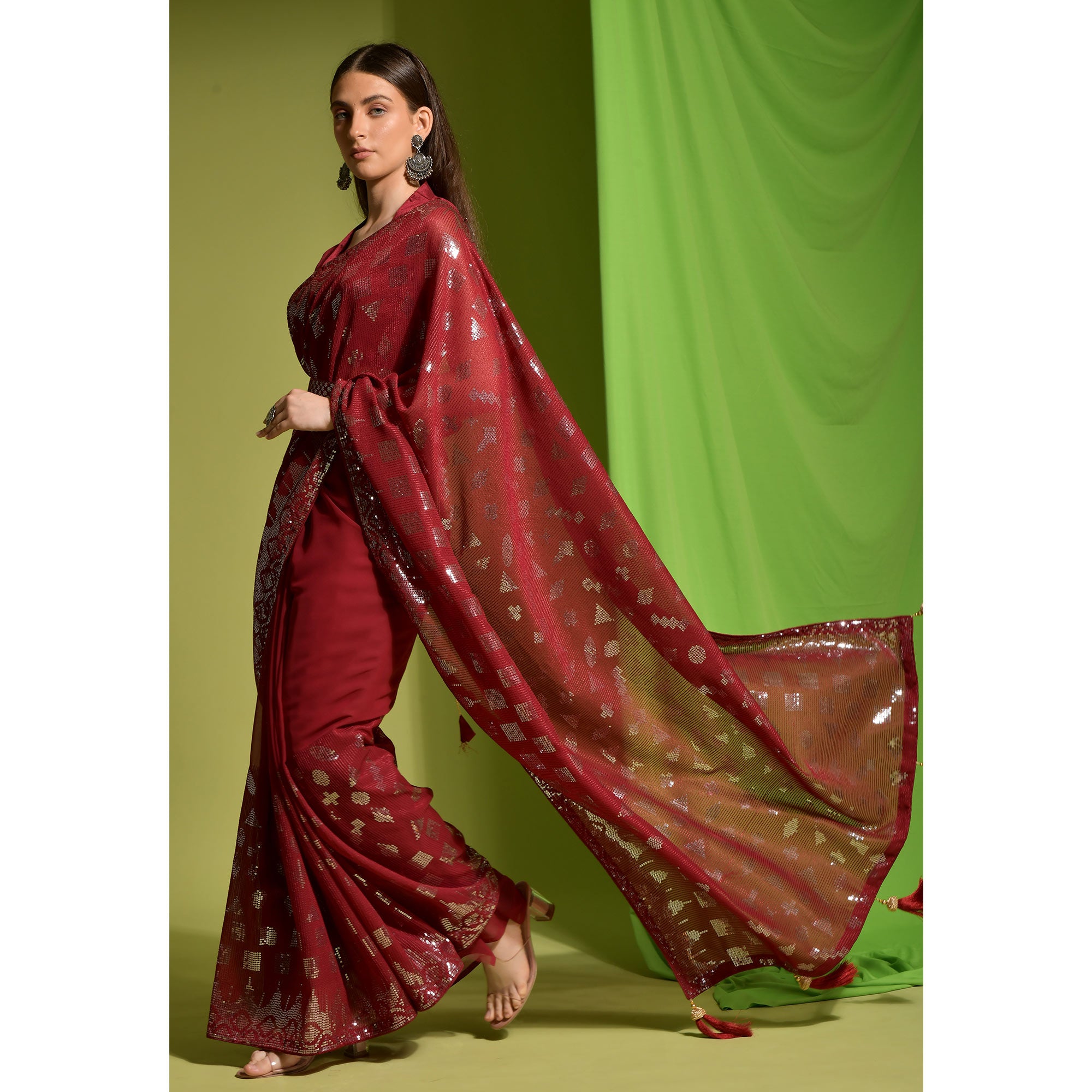 Red Sequins Embroidered Georgette Saree