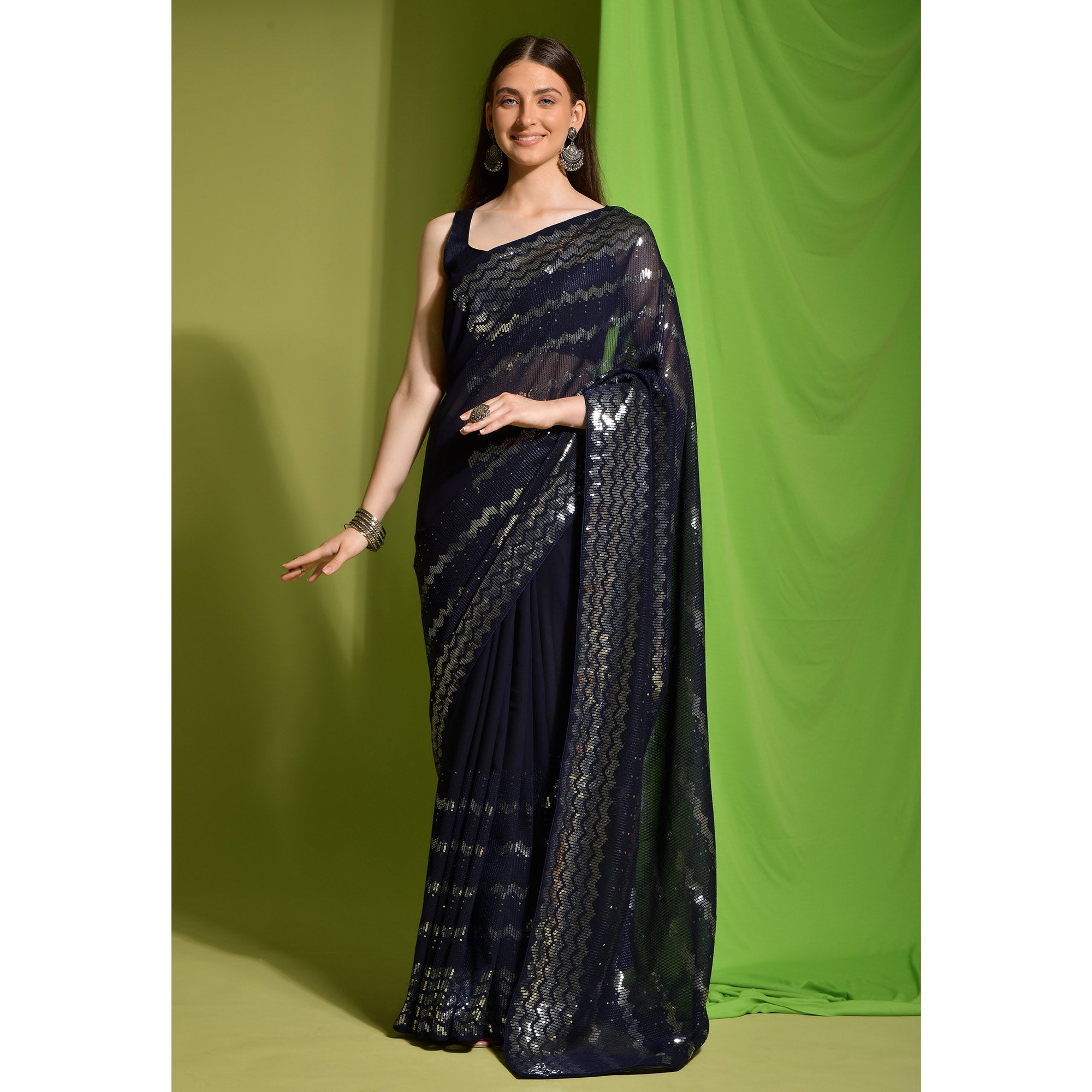 Navy Blue Sequins Embroidered Georgette Saree