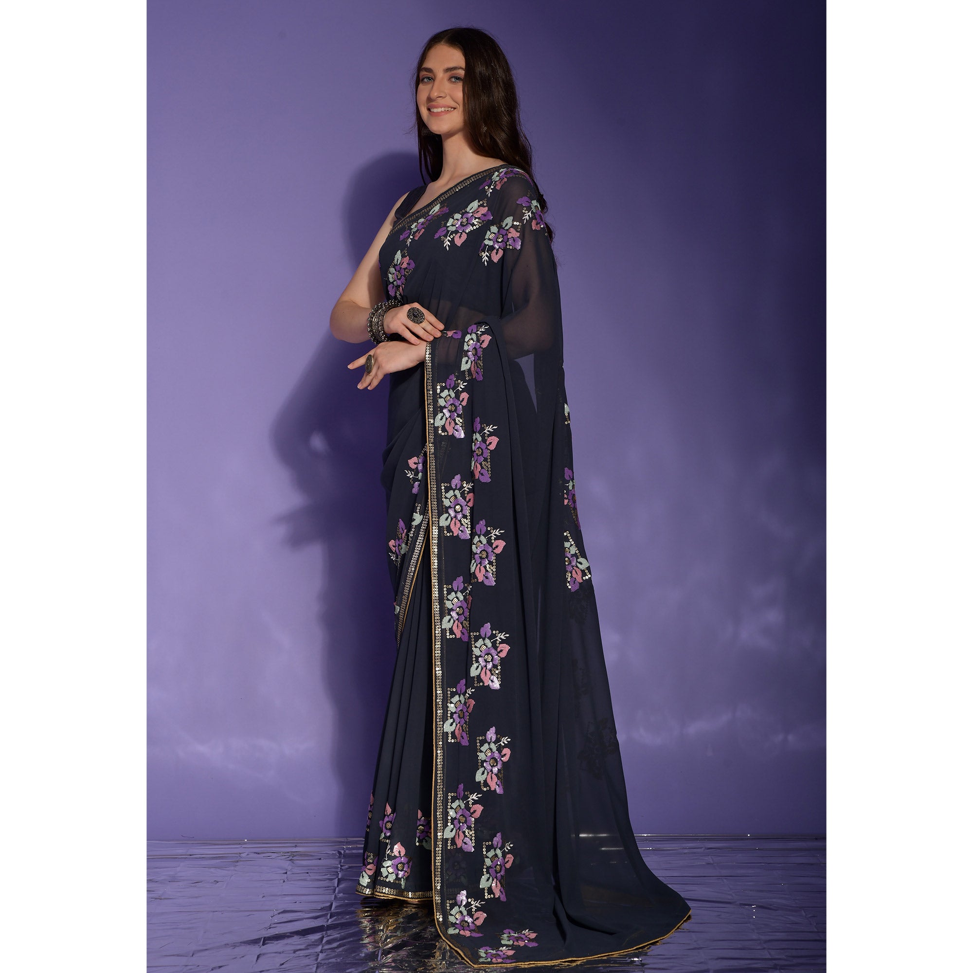 Dark Grey Floral Sequins Embroidered Georgette Saree