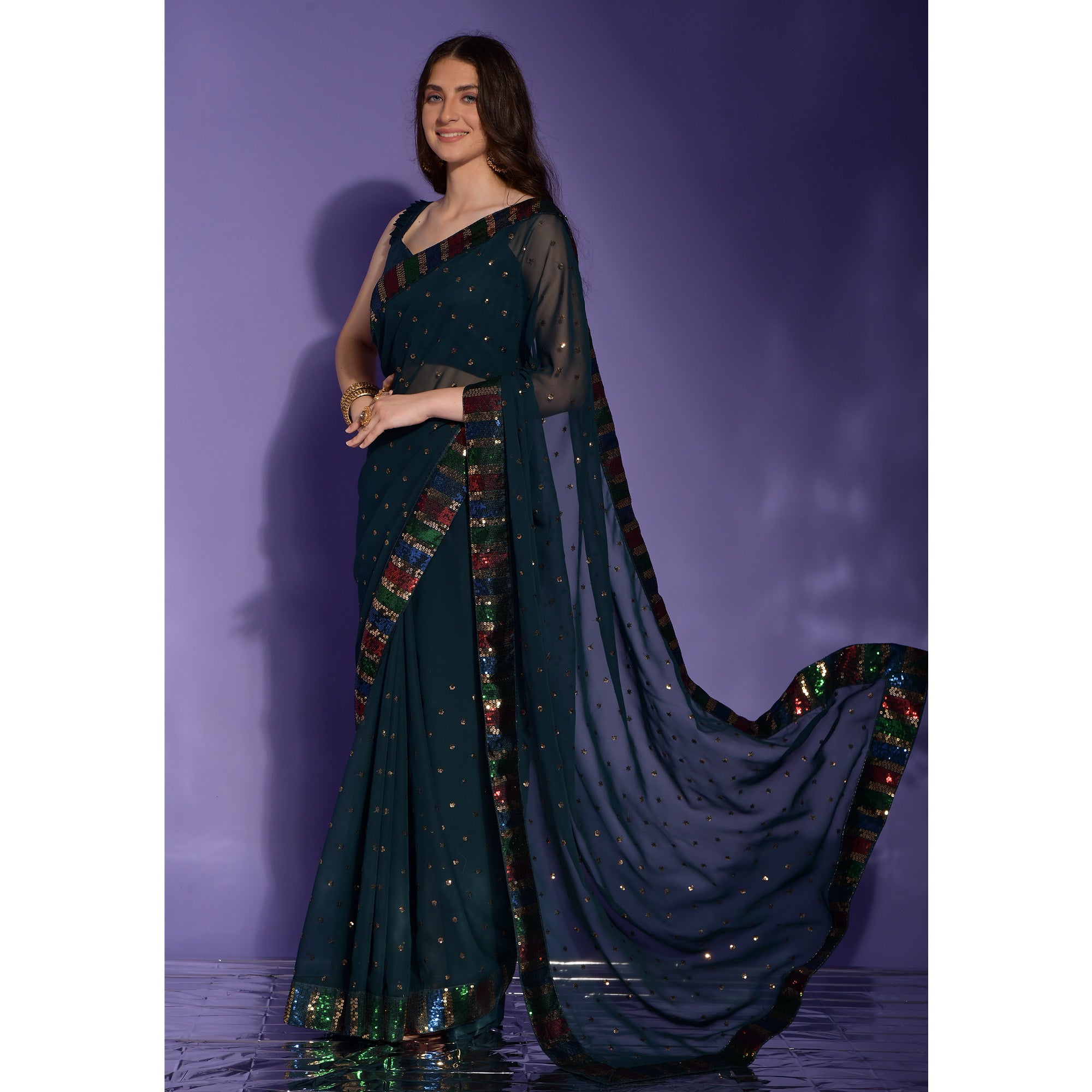 Blue Sequins Embroidered Georgette Saree
