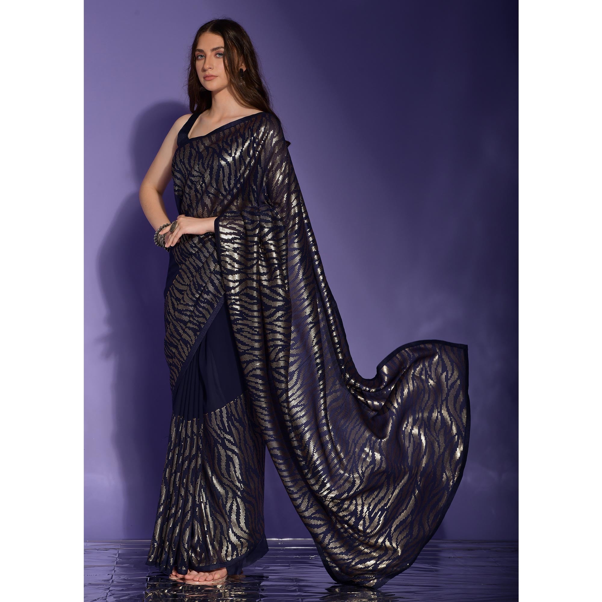 Navy Blue Sequins Embroidered Georgette Saree