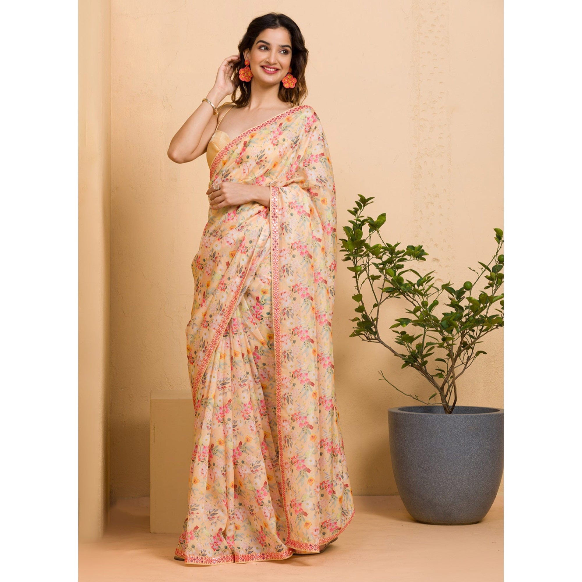 Peach Floral Printed Chinon Saree With Fancy Mirror Border