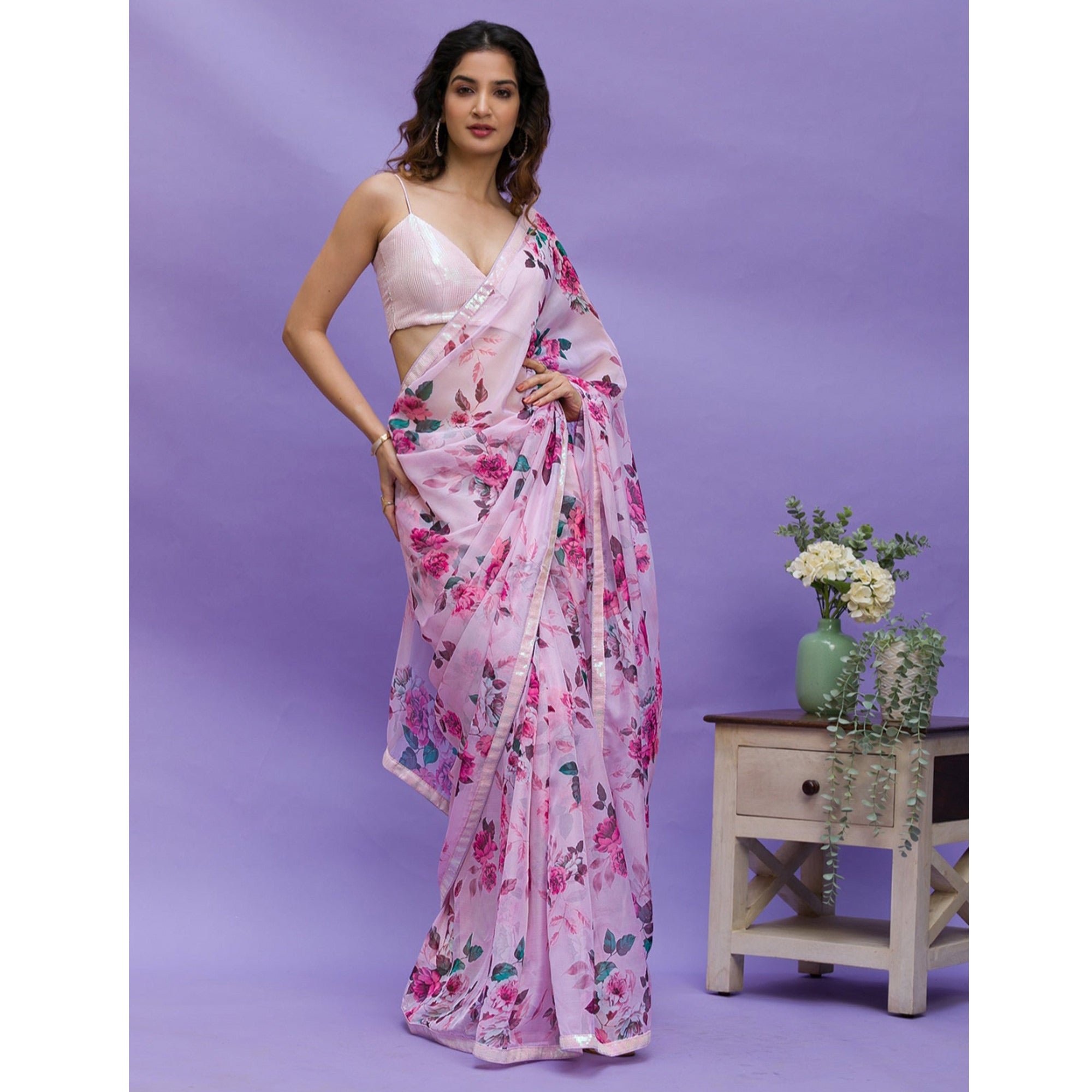 Pink Floral Printed Chinon Saree With Embroidered Border
