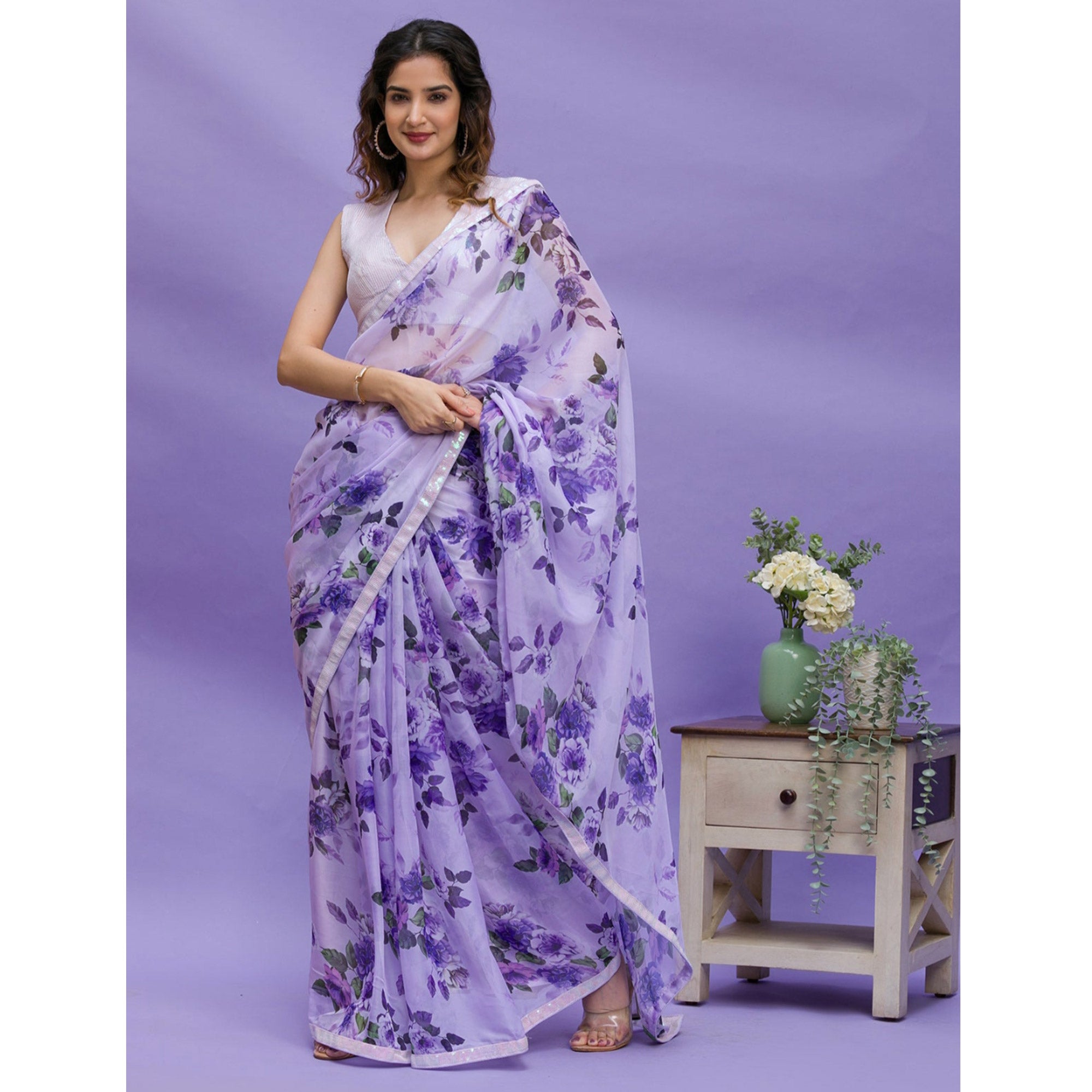 Purple Floral Printed Chinon Saree With Embroidered Border